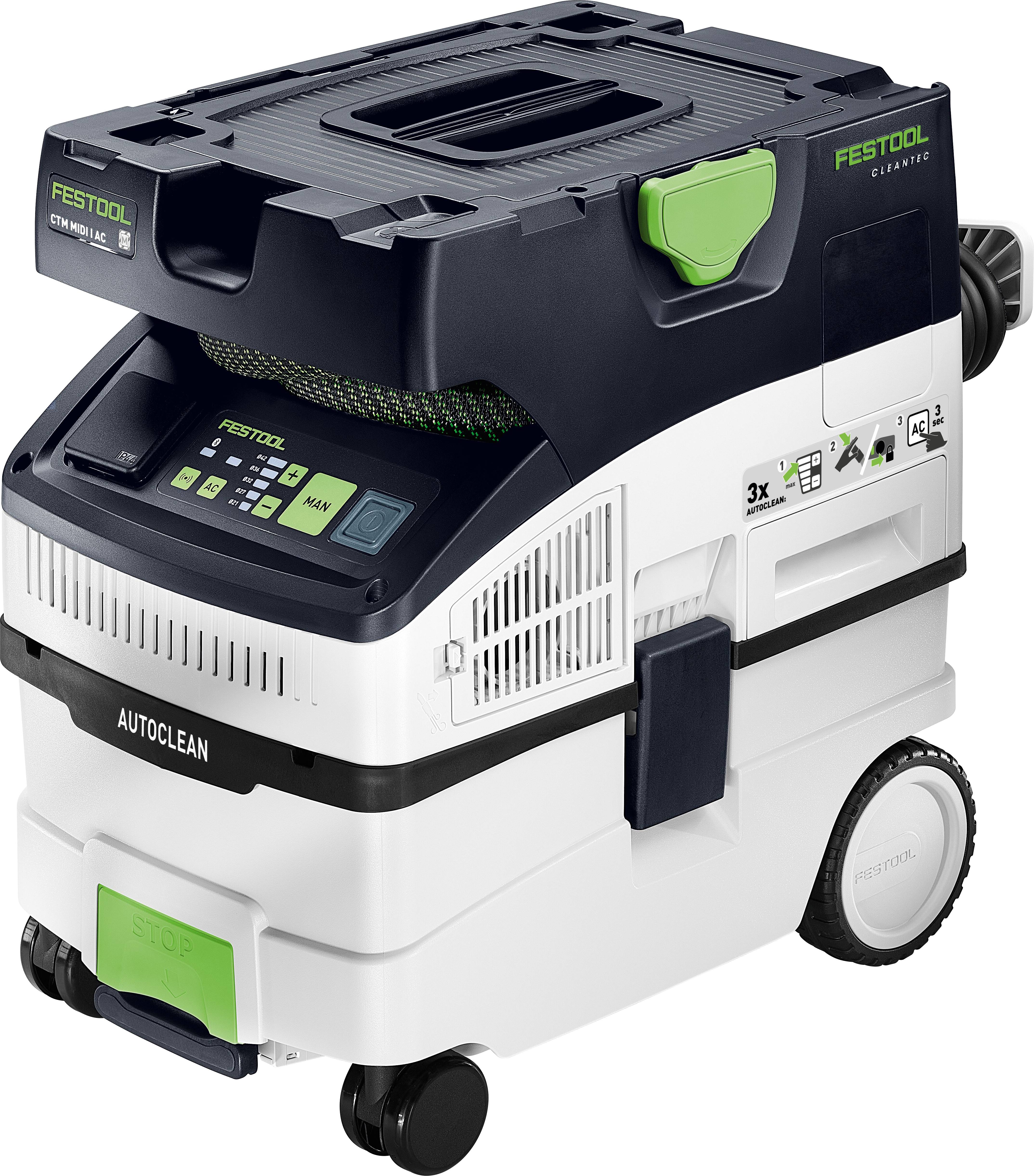 White and black Festool dust extractor with wheels and a green accent. Features include a HEPA filter and variable suction settings.