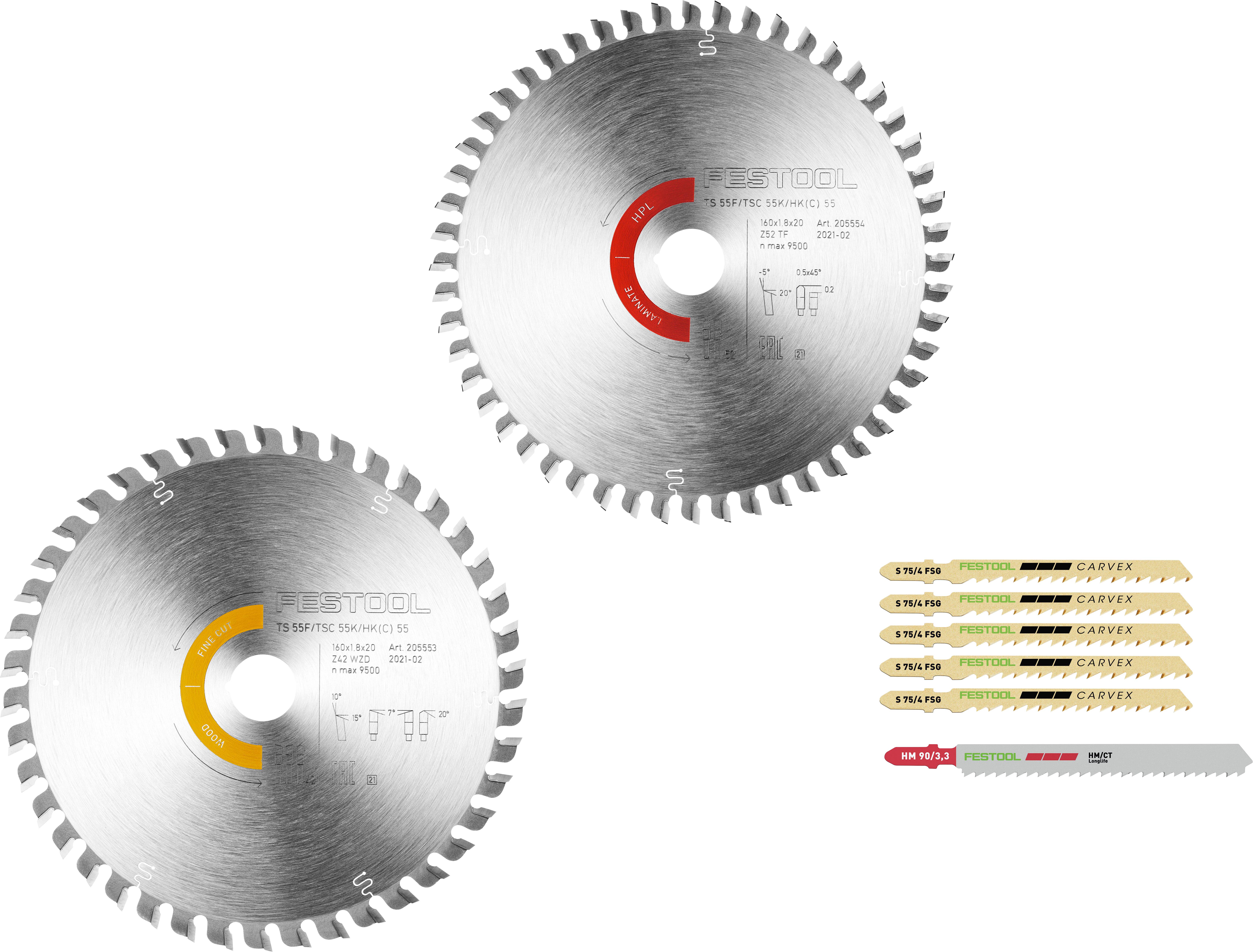Two silver circular saw blades with colored labels, orange and red, beside six variously colored fine-toothed saw blades.