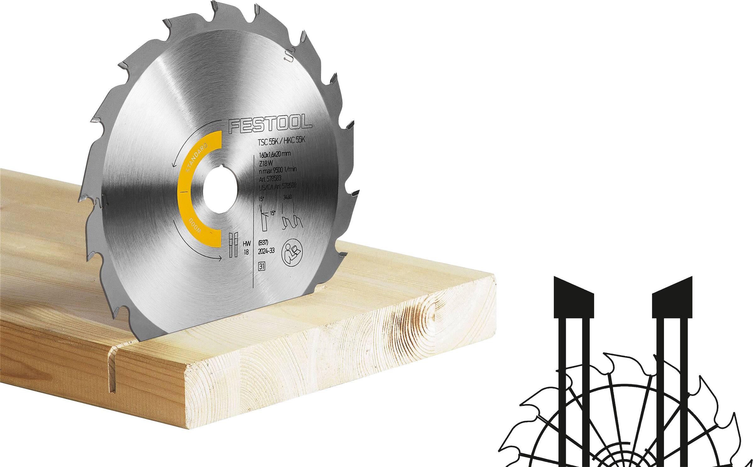 A saw blade branded 'Festool' positioned on a piece of wood, illustrating its cutting depth and capability.