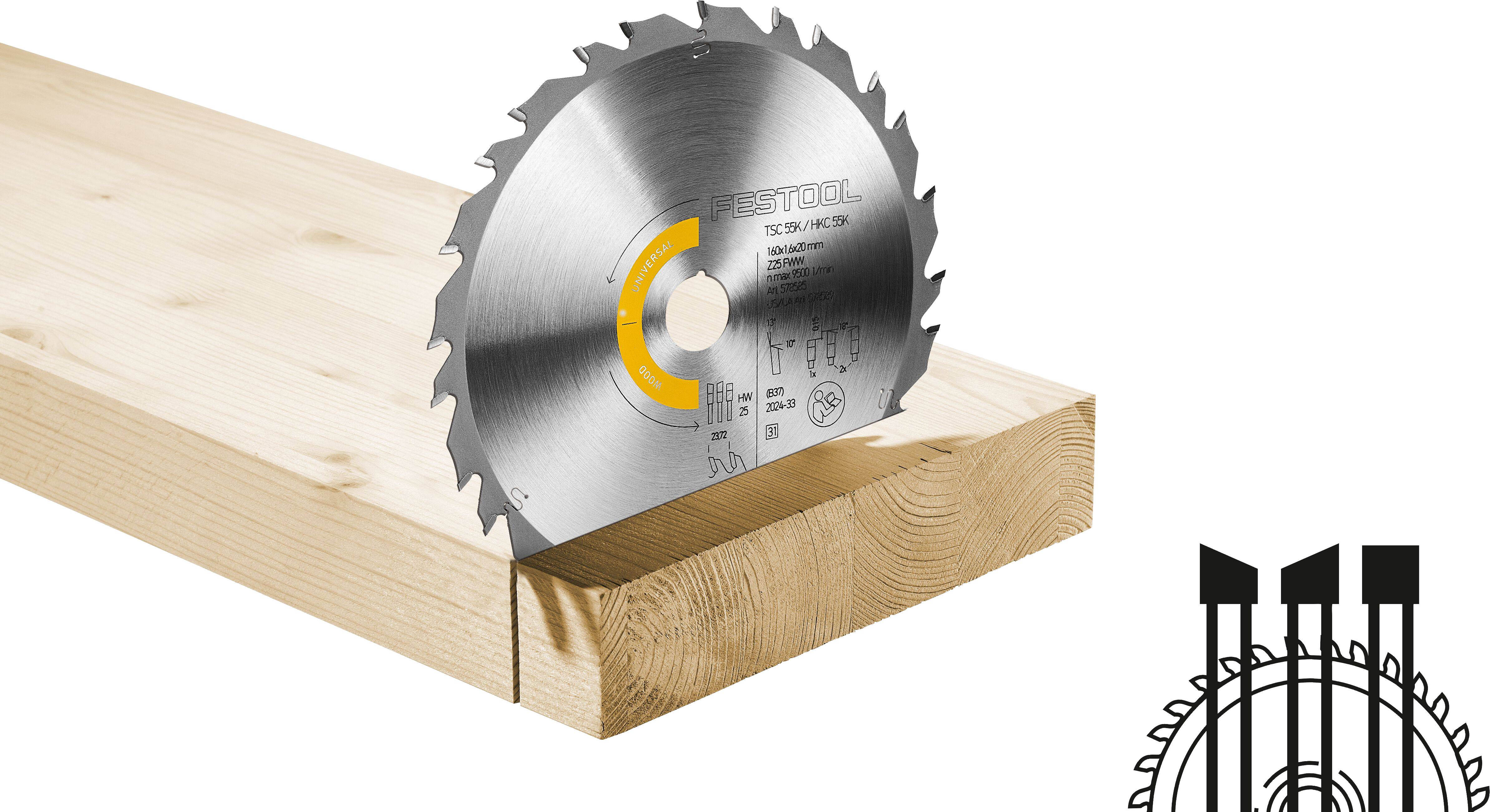 A circular saw blade partially embedded in a wooden plank, with a diagram showing blade direction on the lower right corner.