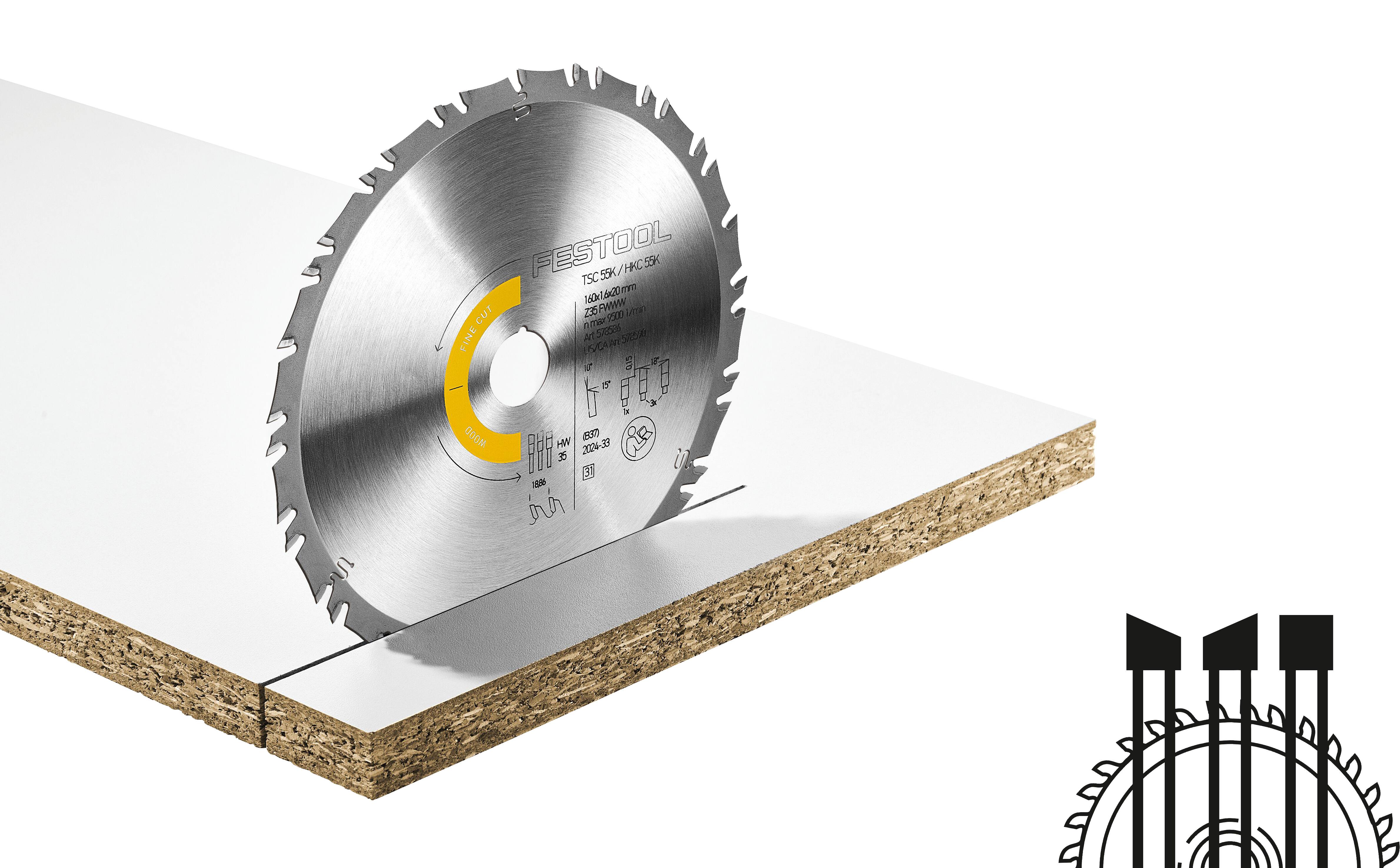 A saw blade cutting through a piece of laminated wood, demonstrating its sharpness and precision.
