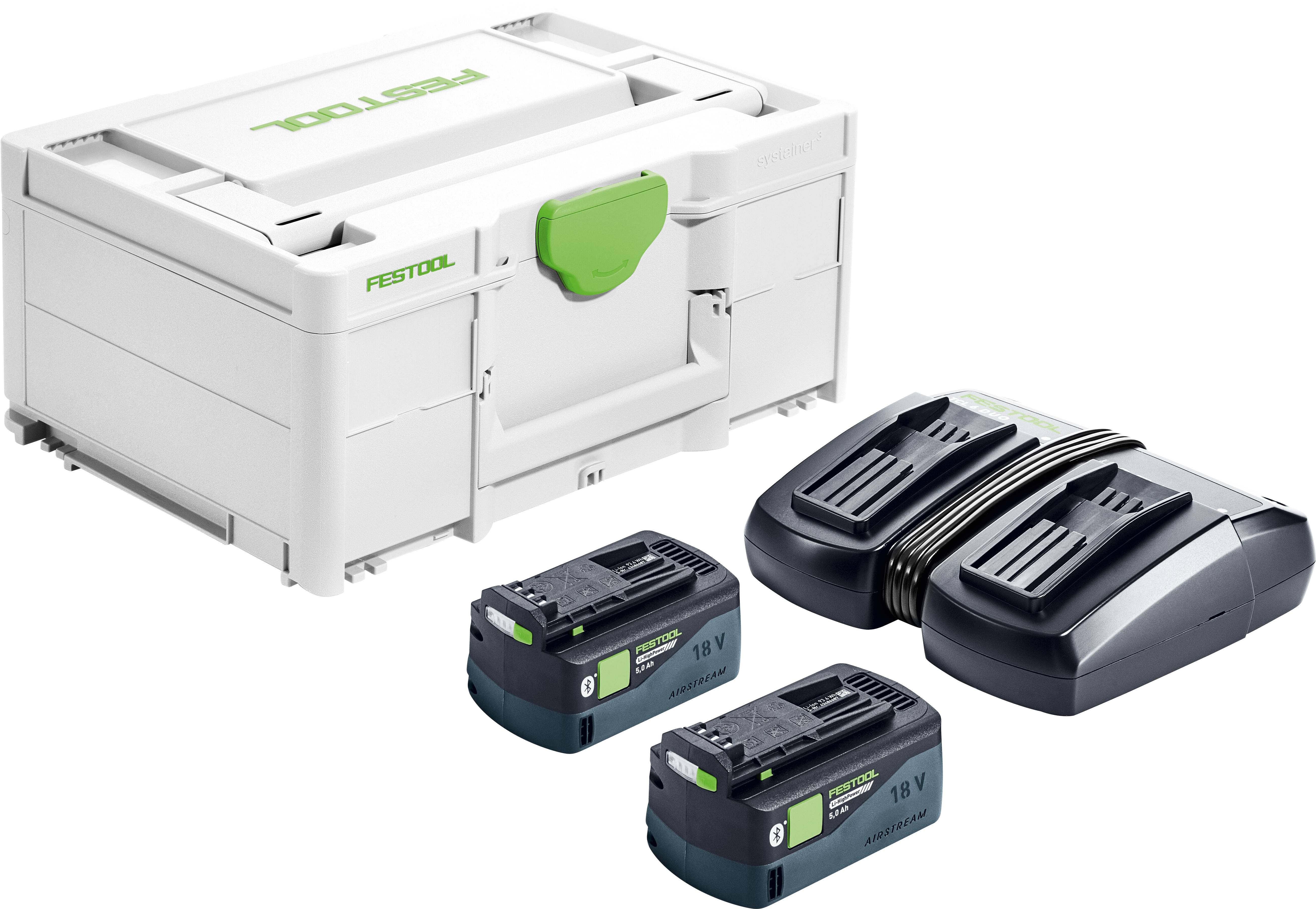 'Festool' branded tool case, two 18V rechargeable batteries, and a dual battery charger, showcasing a complete power tool accessory set.