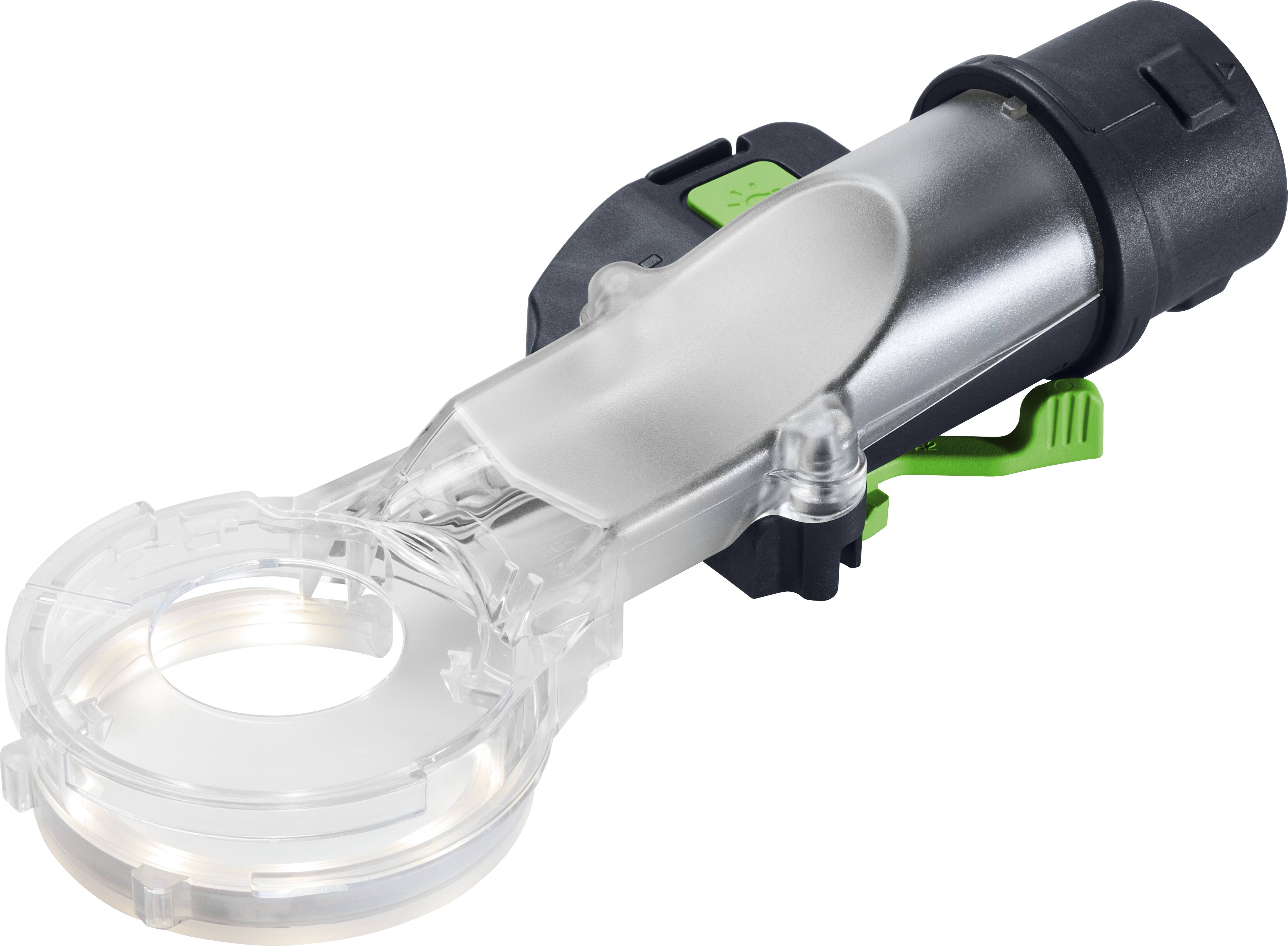 A clear plastic hose adapter with black and green components, likely for connecting to a vacuum or similar equipment.