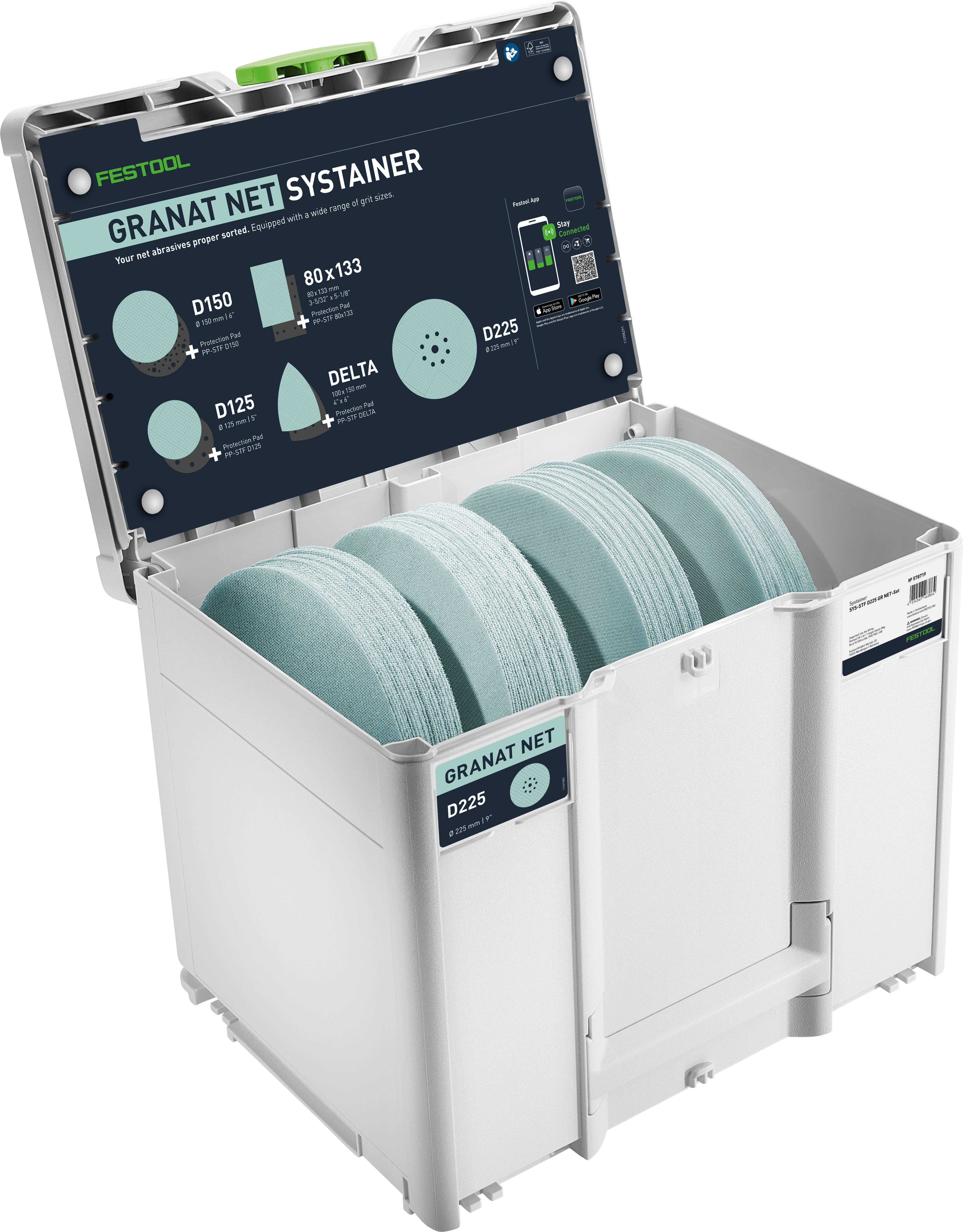 'Festool Granat Net Systainer' shows a storage box open to reveal organized sanding discs in various sizes, with product labels visible.