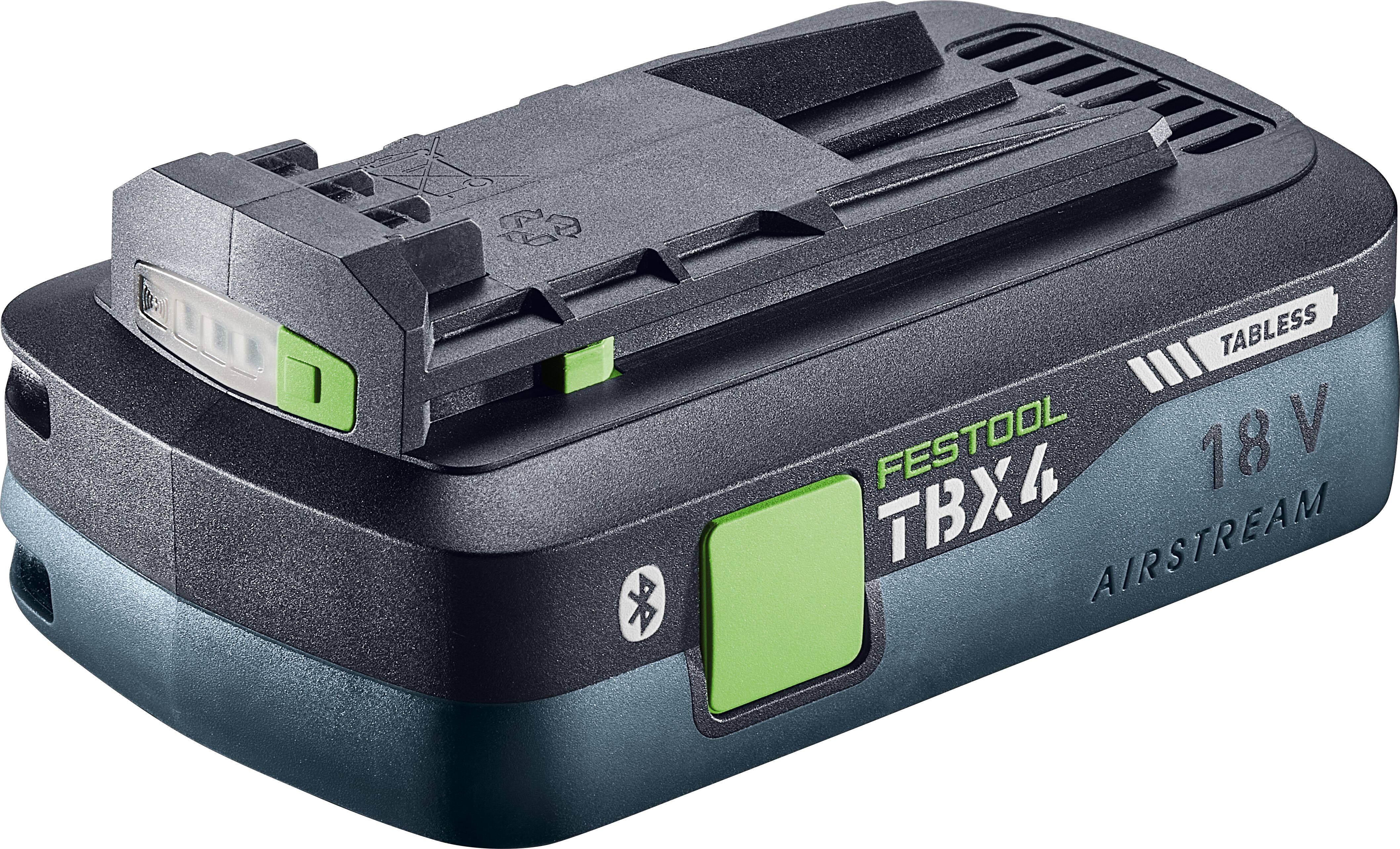 'Festool TBX4' 18V battery pack with Bluetooth, featuring a compact design and tabless Airstream technology for improved cooling.