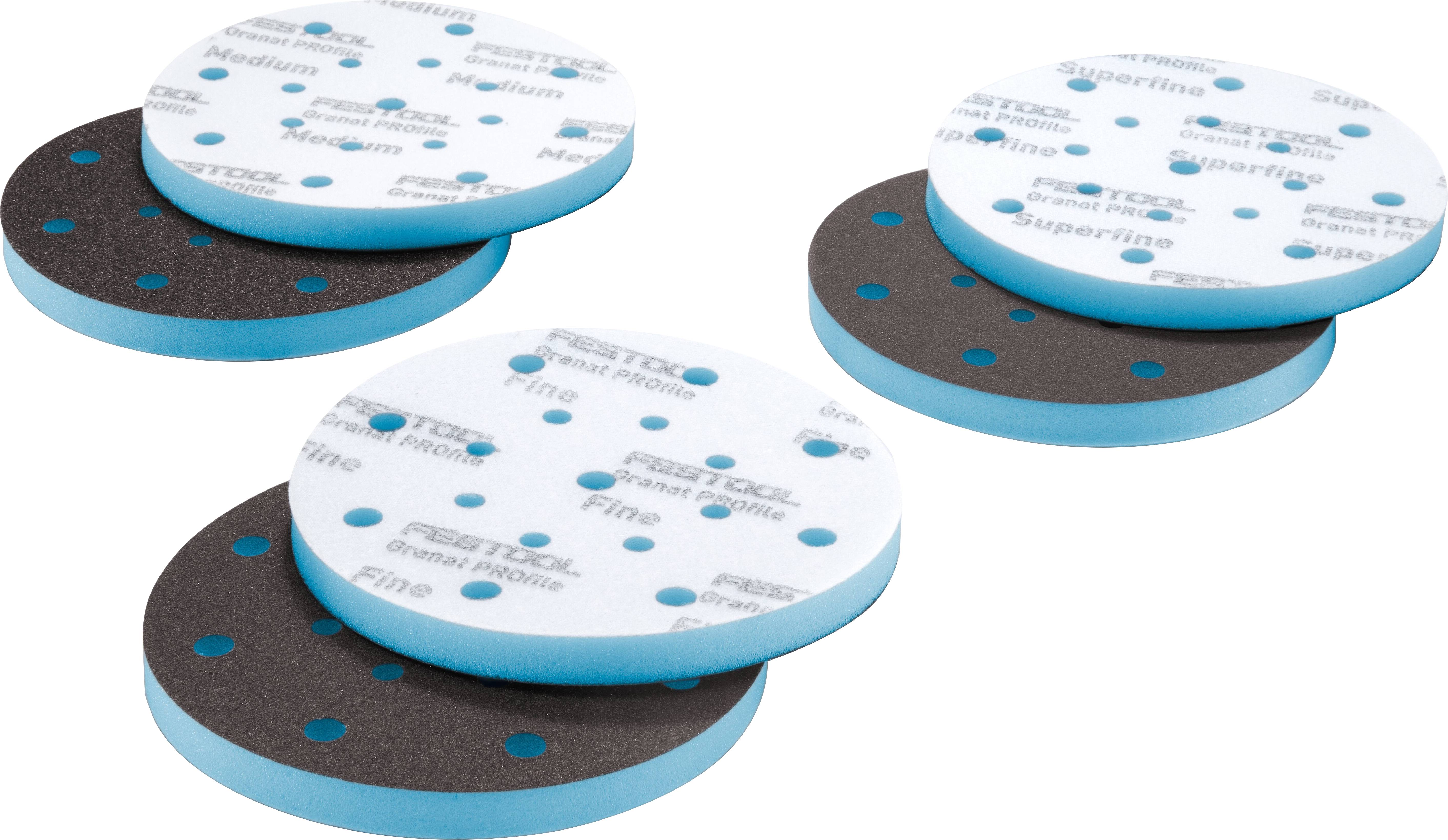 'Five blue Festool Supersoft sanding pads with gray backing, some labeled 'Superfine' and others 'Fine'.'
