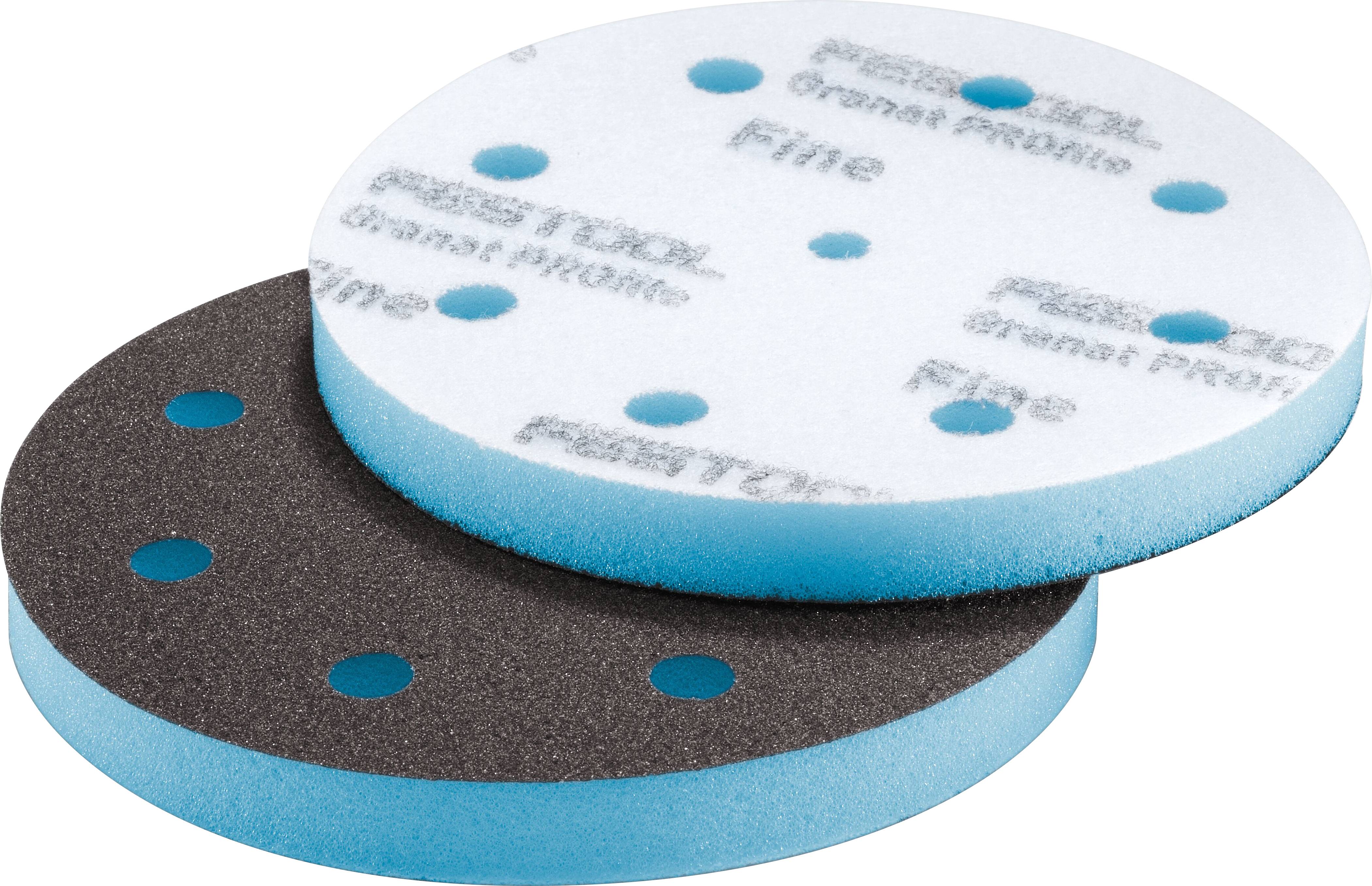 Two stacked disc sanding pads, one black and one white marked 'Fine', each with multiple holes, used for surface finishing.