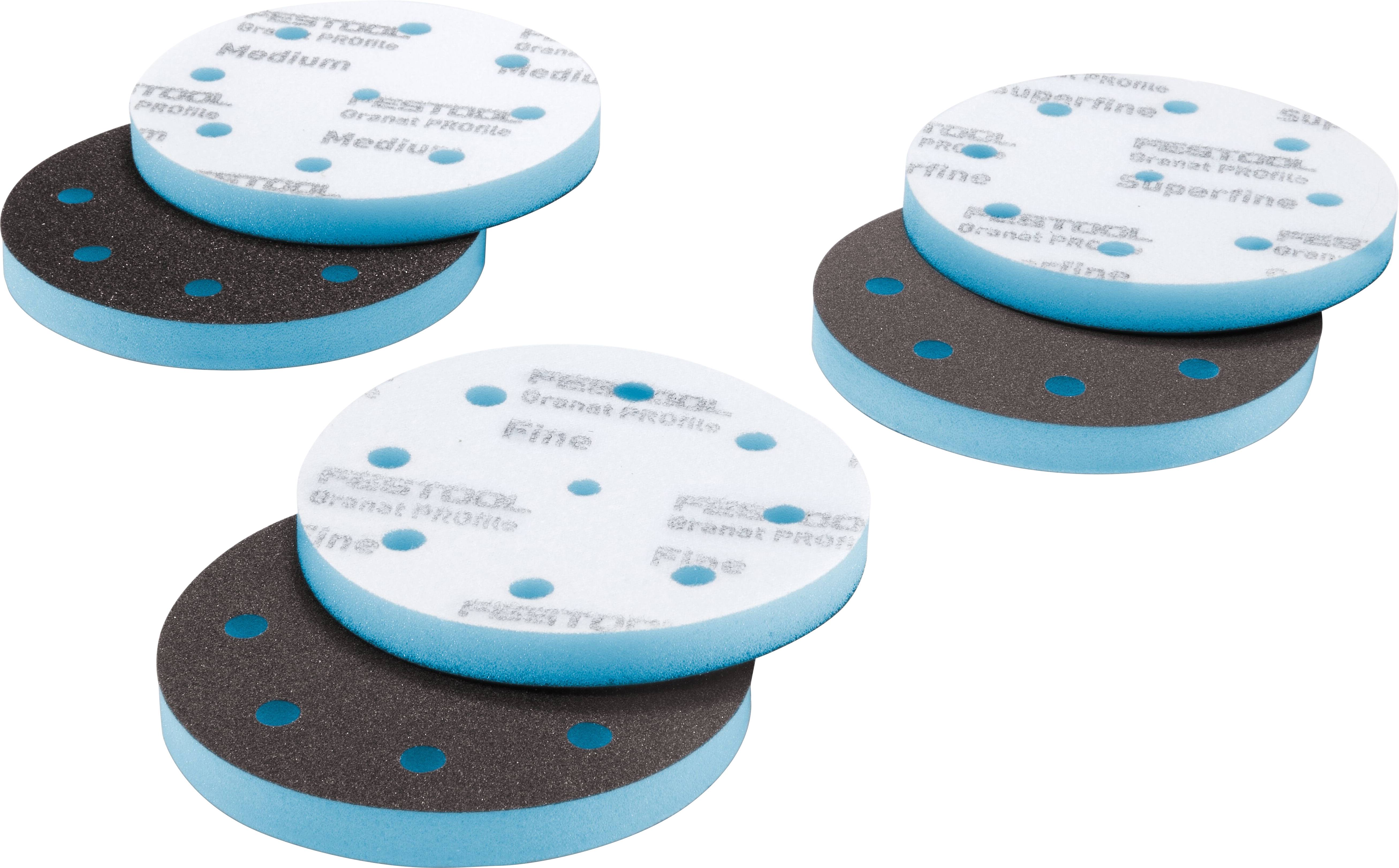 A set of blue and black round sanding pads, labeled 'Festool' with 'fine' and 'medium' grits, used for surface smoothing.
