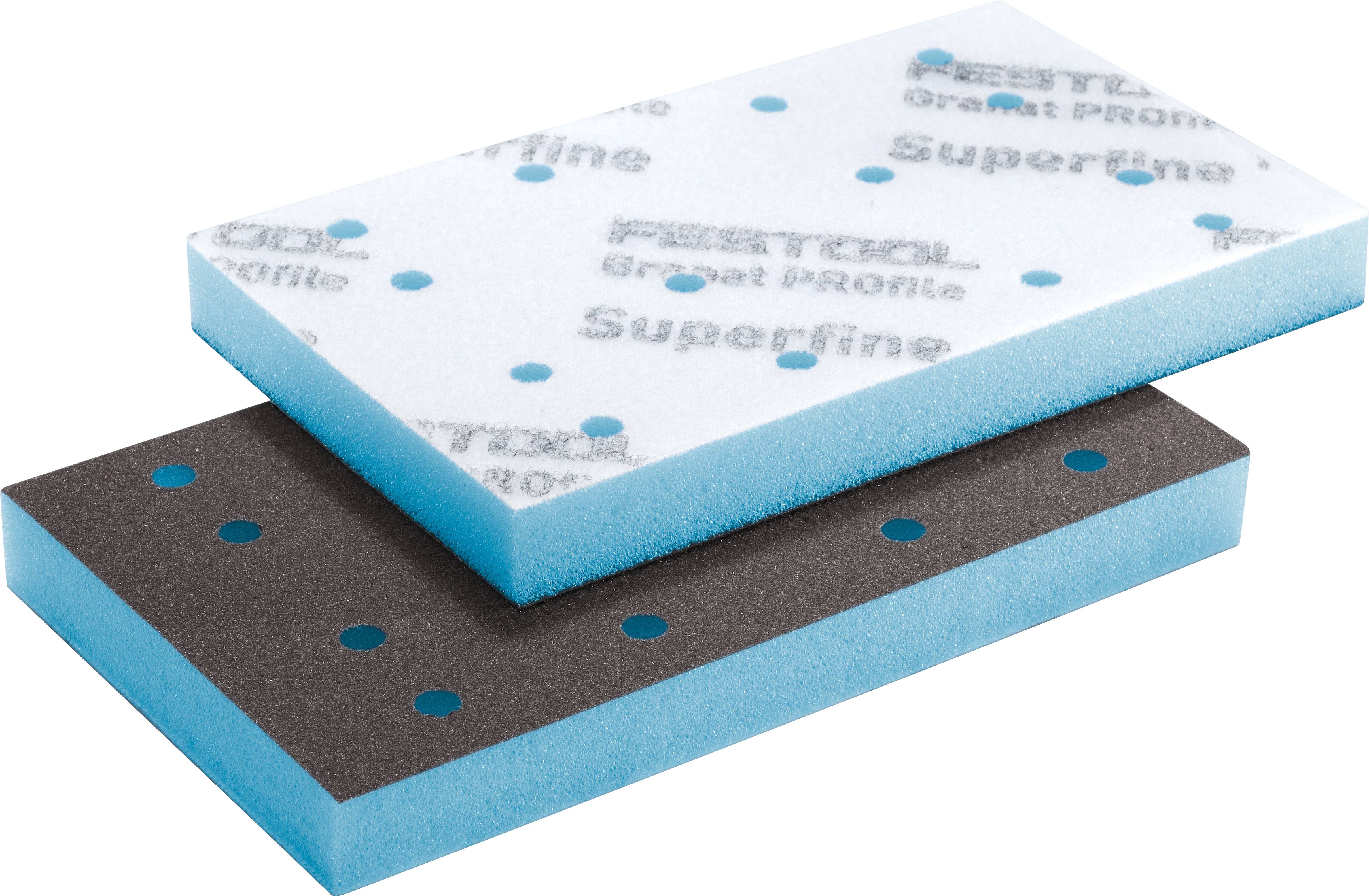 Two rectangular sanding pads, one labeled 'Festool Granat Premium Superfine,' with blue edges and visible perforations on both pads.
