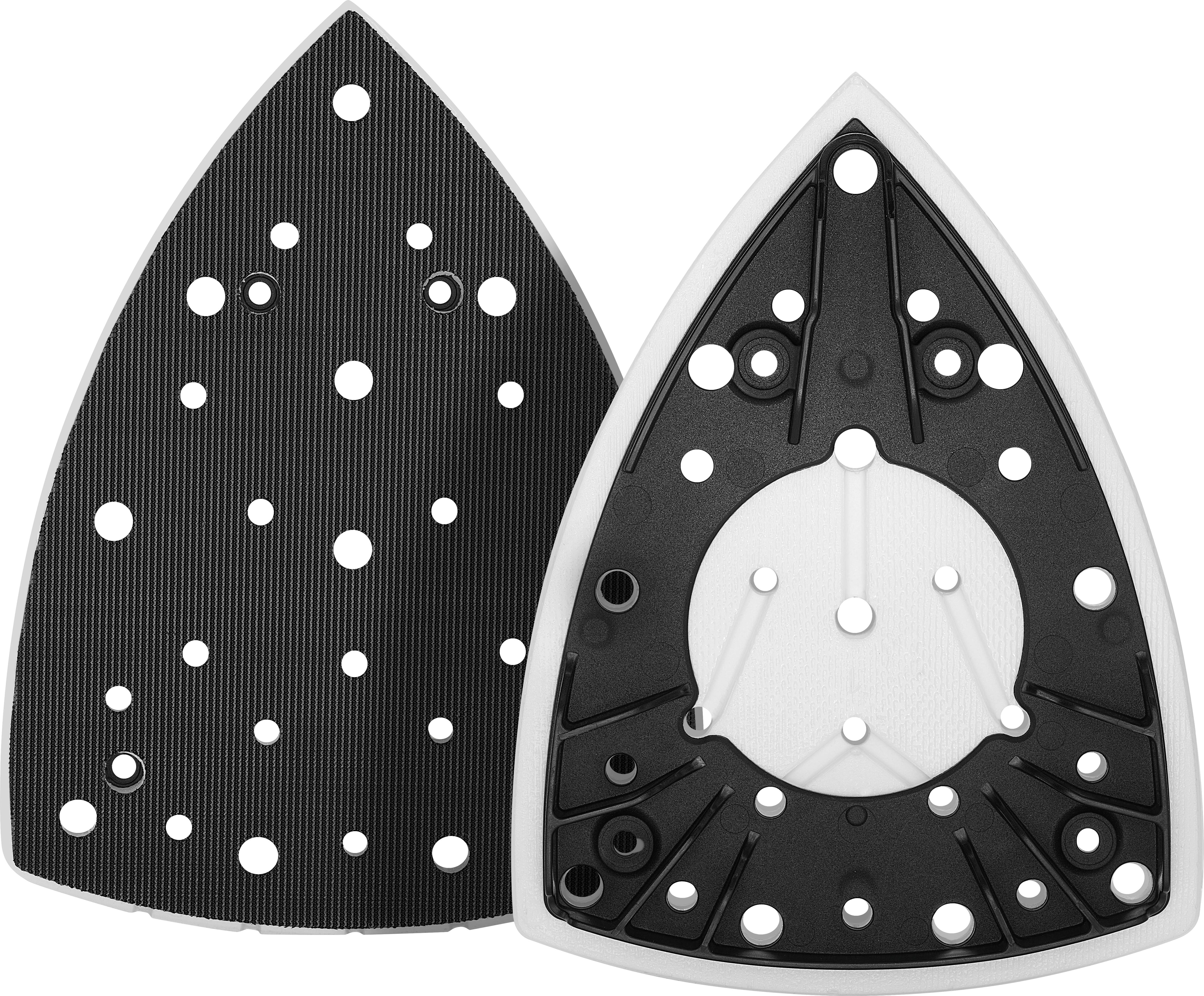 Two black, triangular-shaped sanding pads with multiple holes for dust extraction, suitable for a sanding tool.