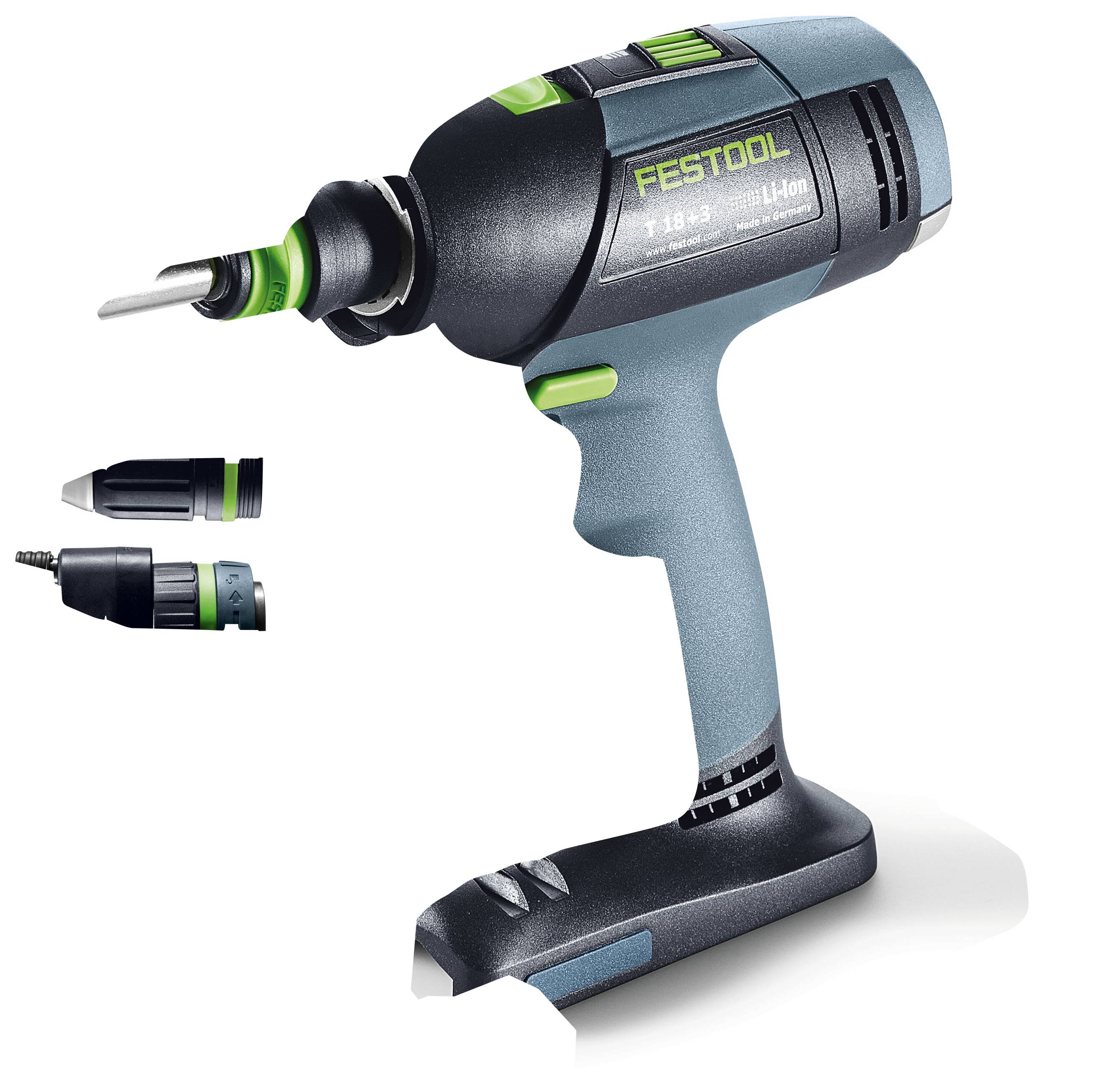 Cordless drill with green and black design labeled 'FESTOOL T 18+'; includes interchangeable bits for versatile use.