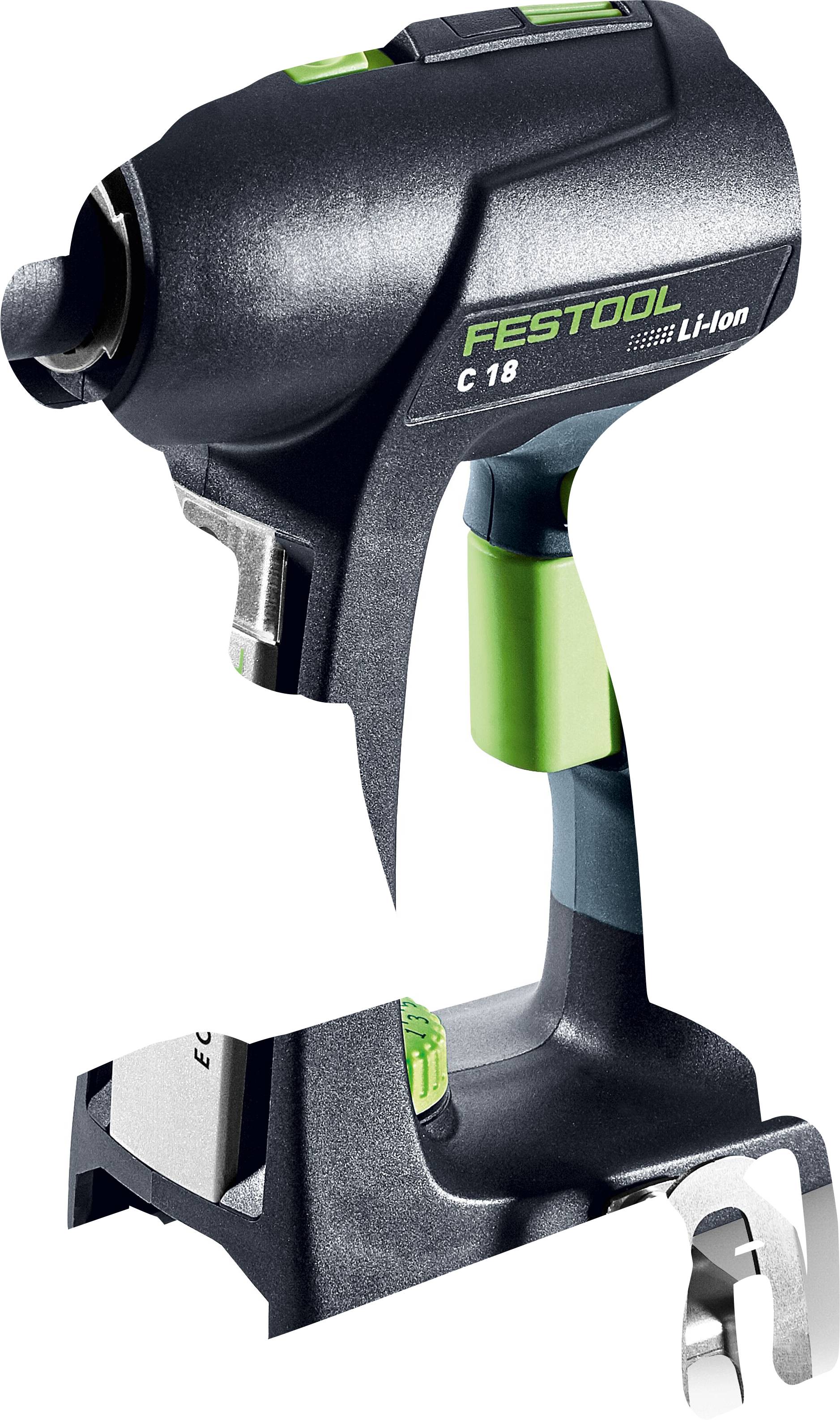 'Festool C 18 Li-Ion' cordless impact drill, shown from the side, with a black and green design, and a metal clip for portability.