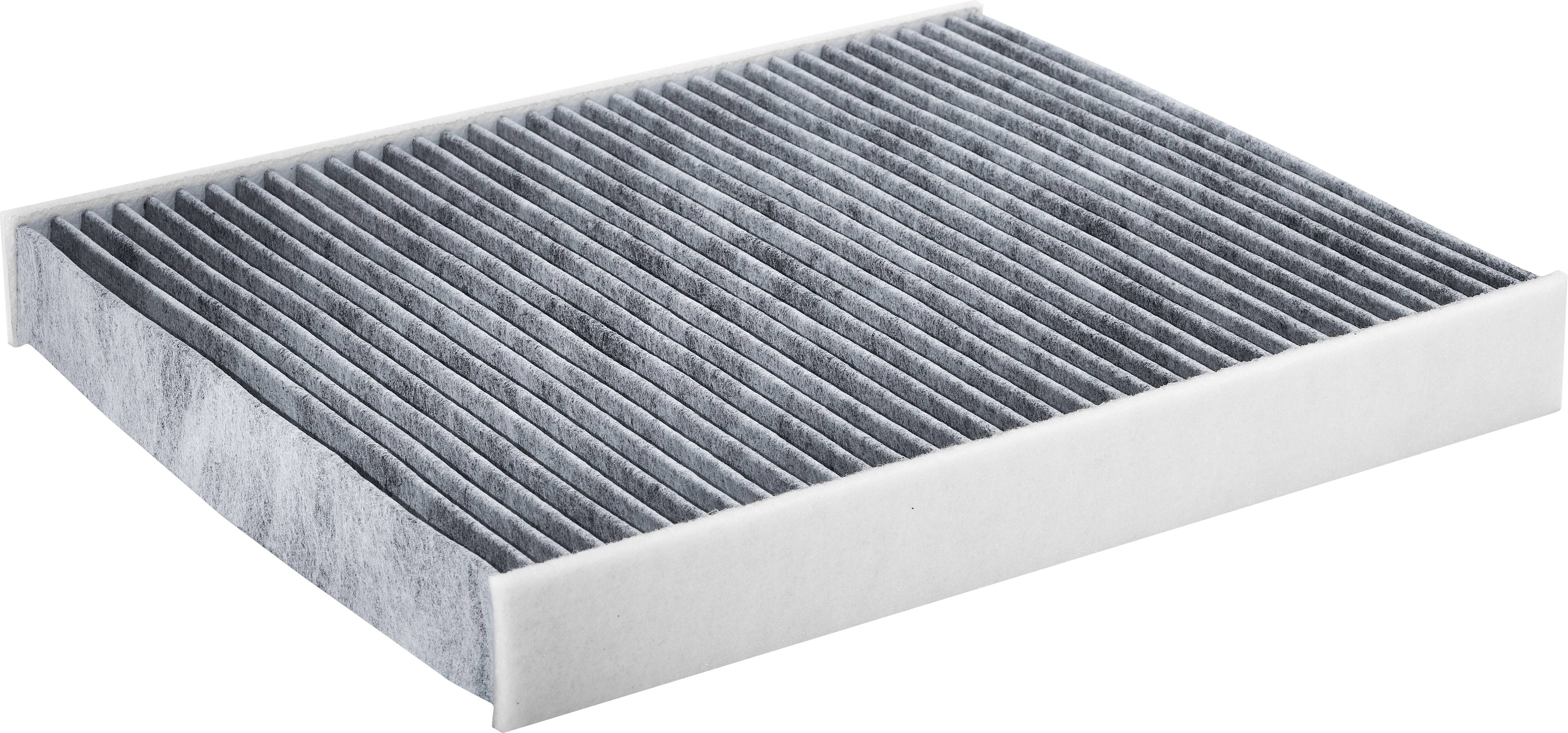 A rectangular car cabin air filter with pleated design, featuring a grey filtering material and white frame for trapping dust and particles.