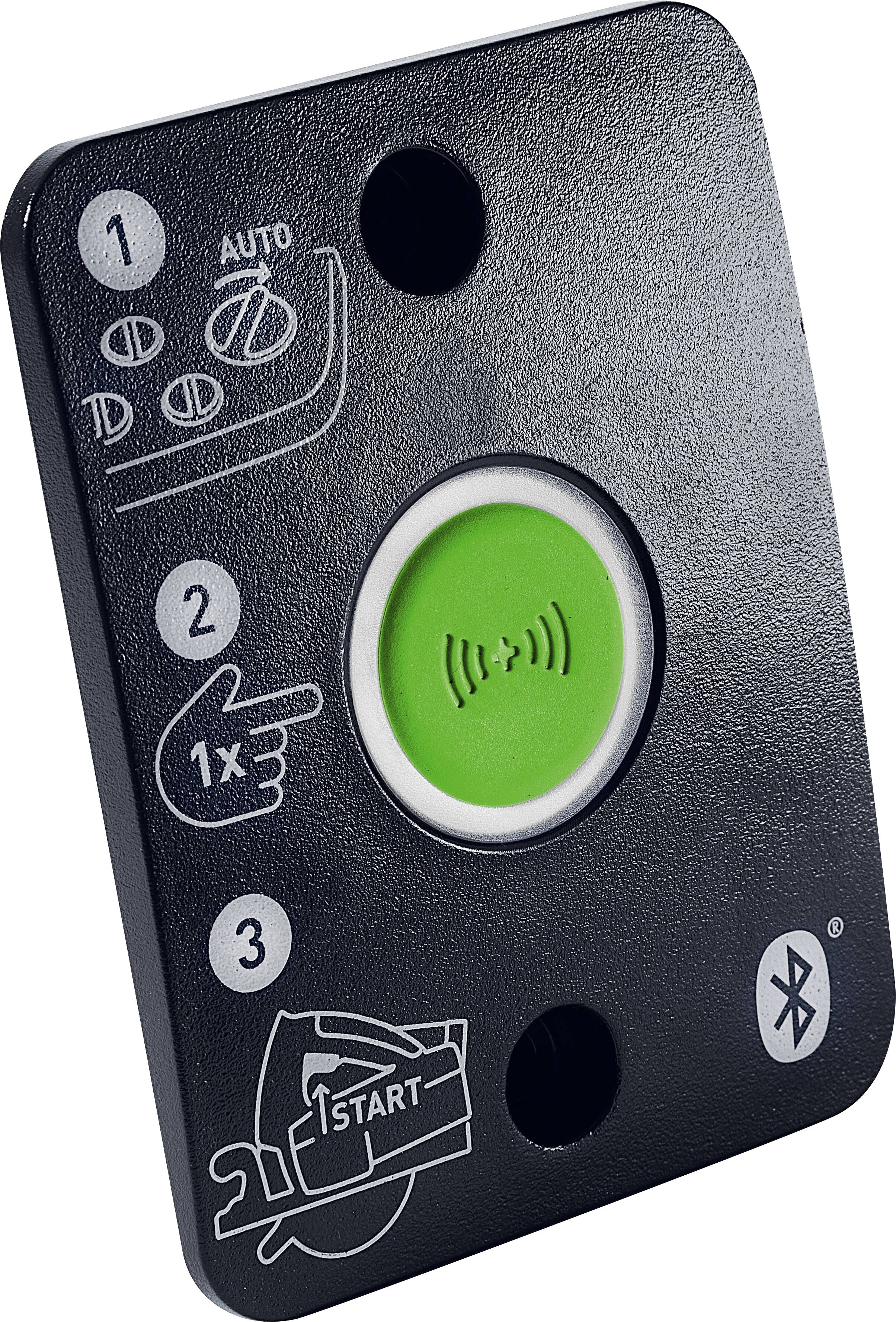 Bluetooth button interface with green center button for starting device, numbered steps: 1-auto, 2-press once, 3-action complete.