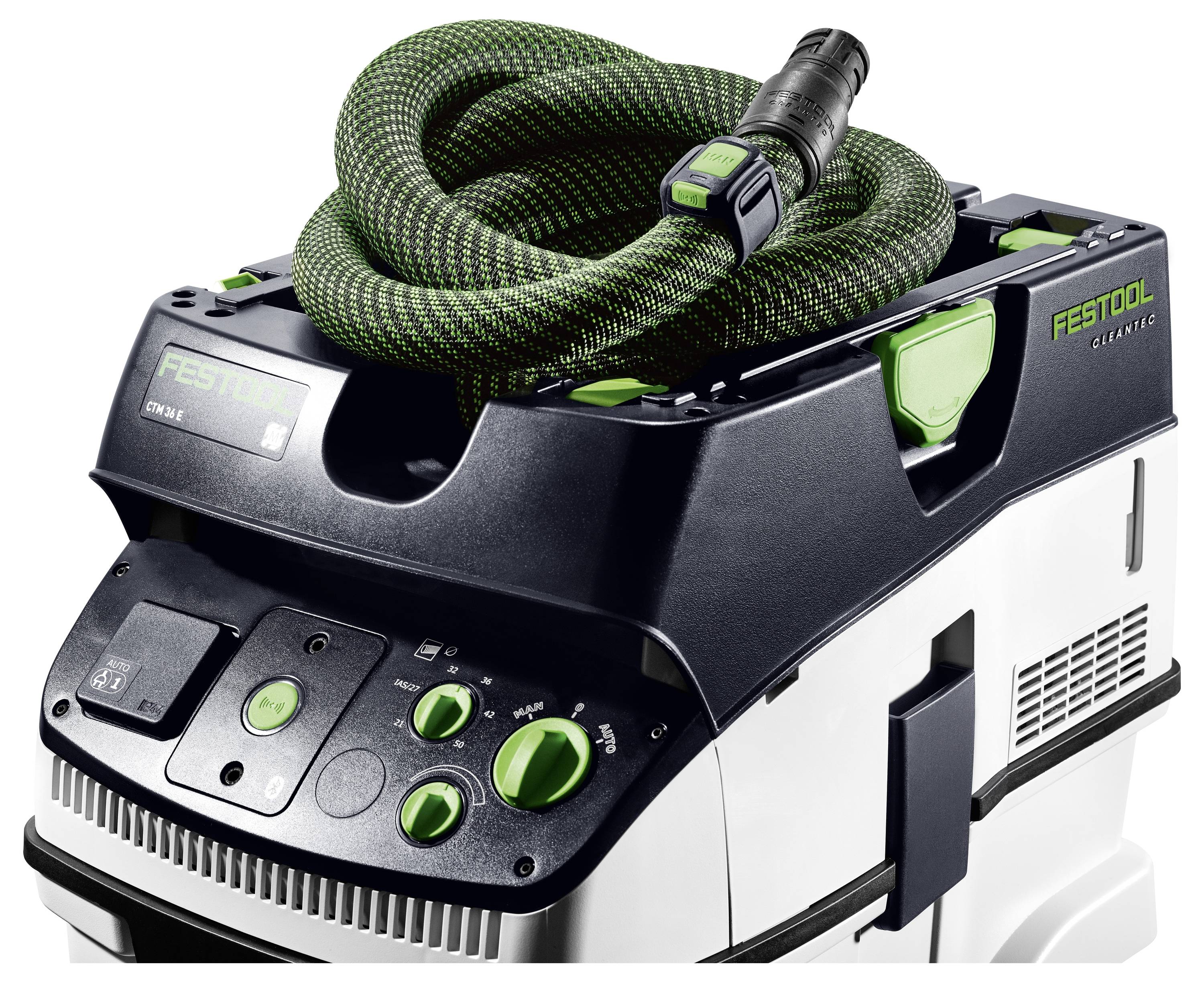 'Festool Dust Extractor CTM 36 E' vacuum with green hose, multiple control buttons, and wheels for easy mobility.