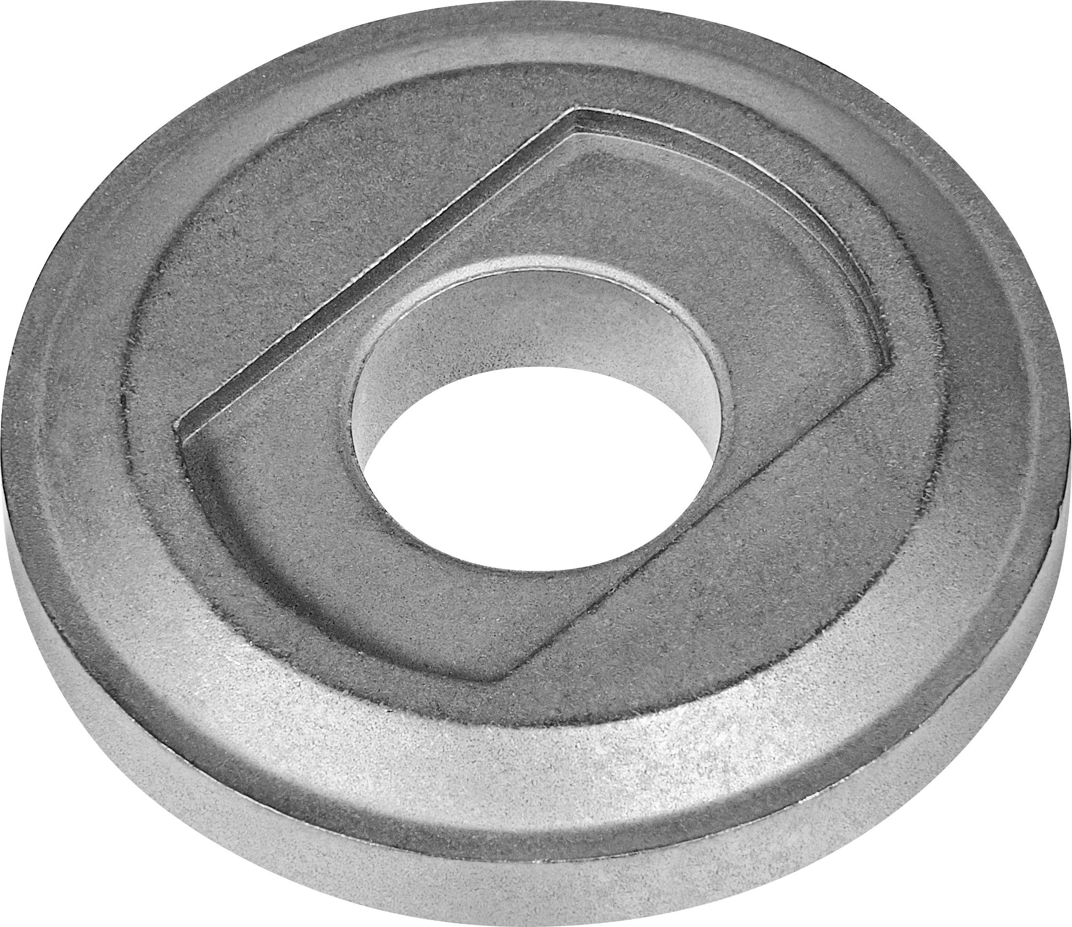 A round, metallic weight plate with a central hole, often used for fitness equipment like barbells.