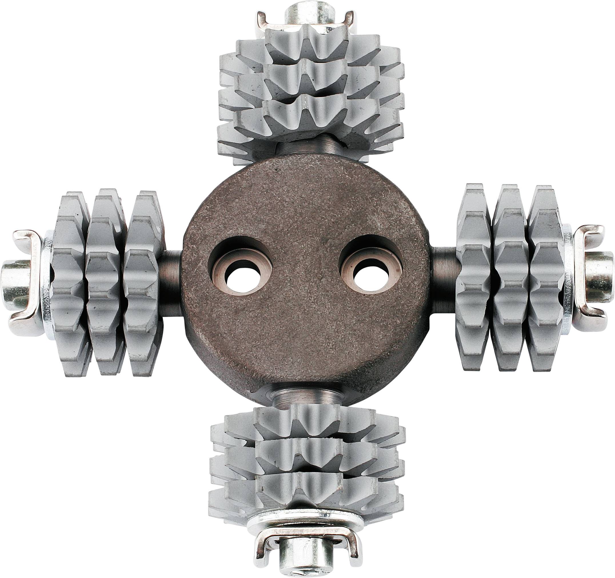 A cross-shaped metal tool with four rotating spiked gears used for industrial grinding or cleaning processes.