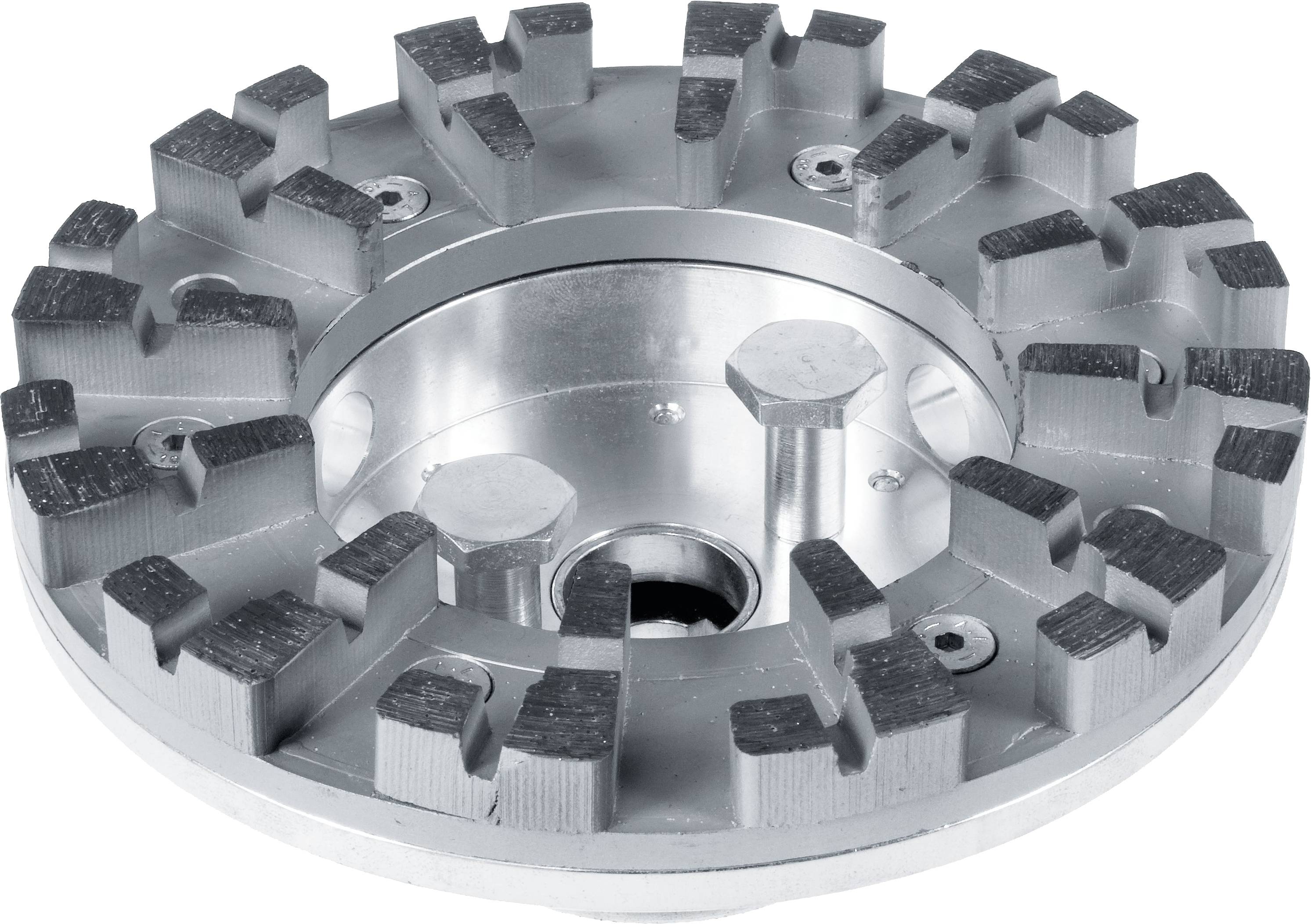 A circular metal grinding wheel with evenly spaced segments around the edge, designed for industrial surface preparation or smoothing tasks.