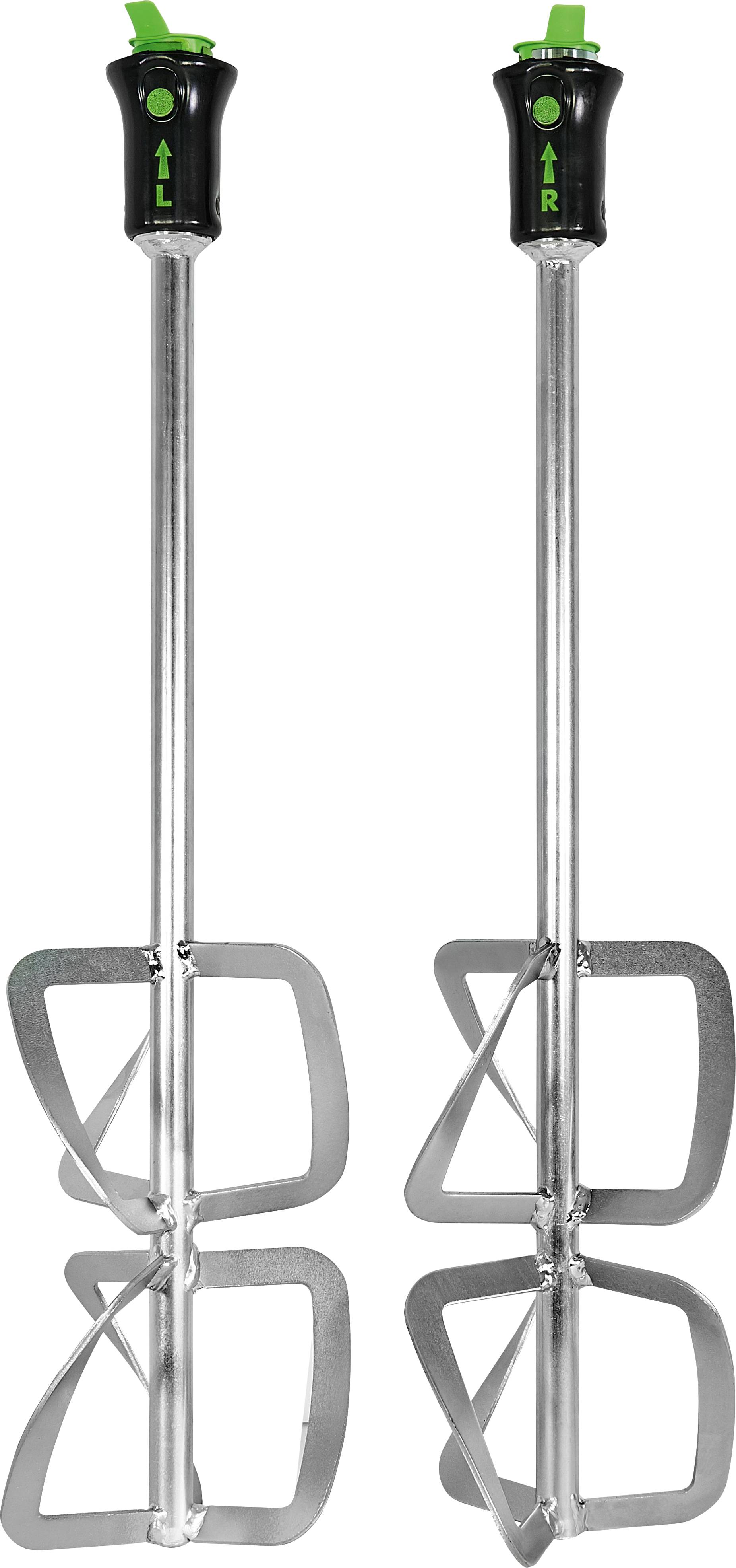 Two metal mixing paddles with black handles and green arrows on top, designed for mixing paint or plaster.