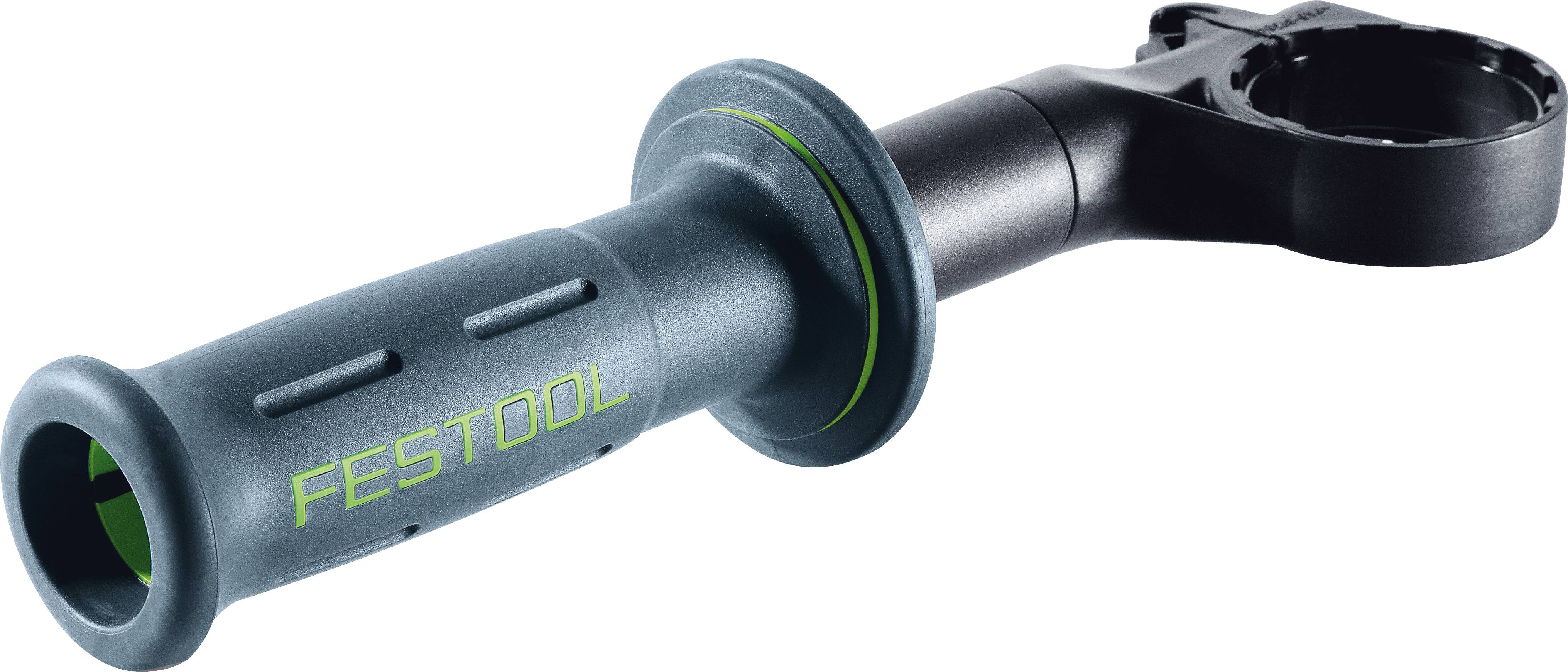 A black and green auxiliary handle attachment for a Festool power tool, featuring an ergonomic grip design and quick-release mechanism.