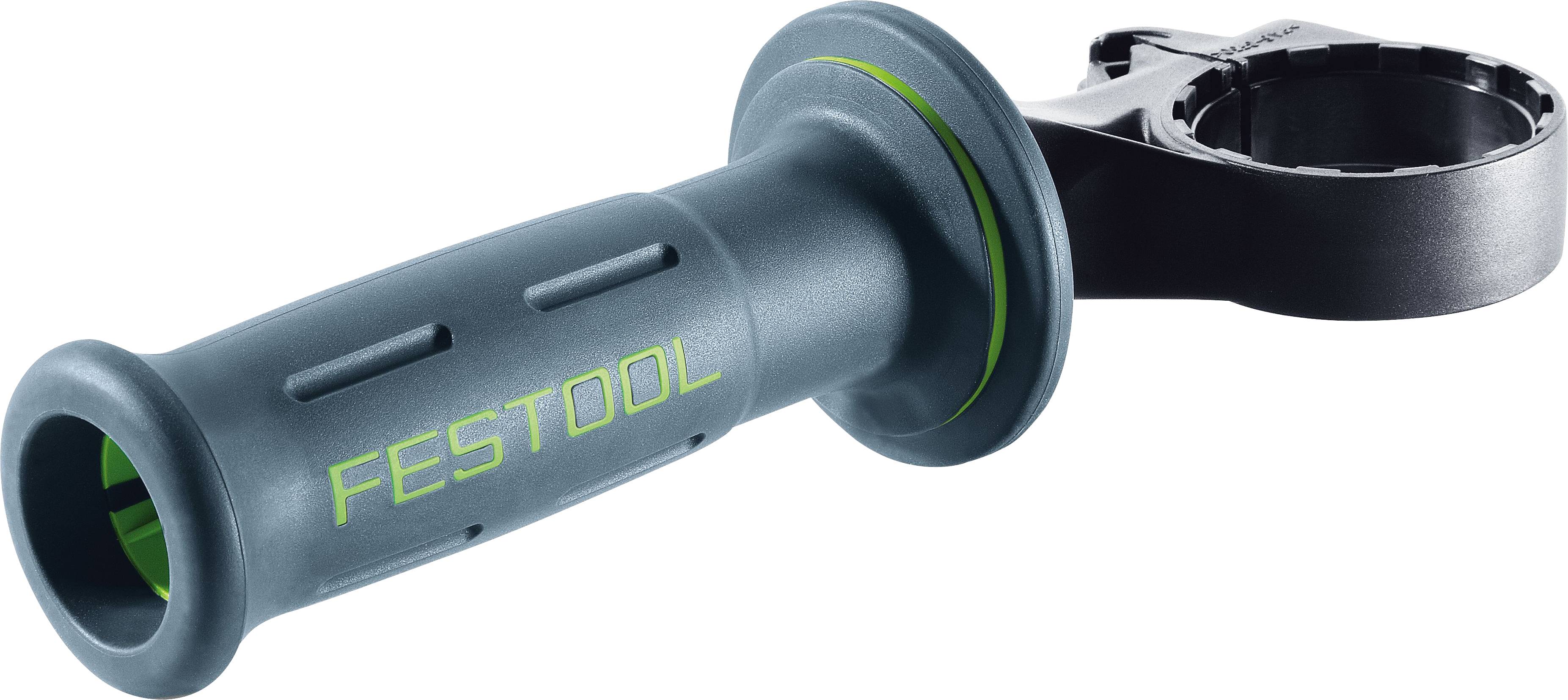 A gray tool handle with 'Festool' in green letters, featuring an ergonomic design and a circular attachment bracket on one end.