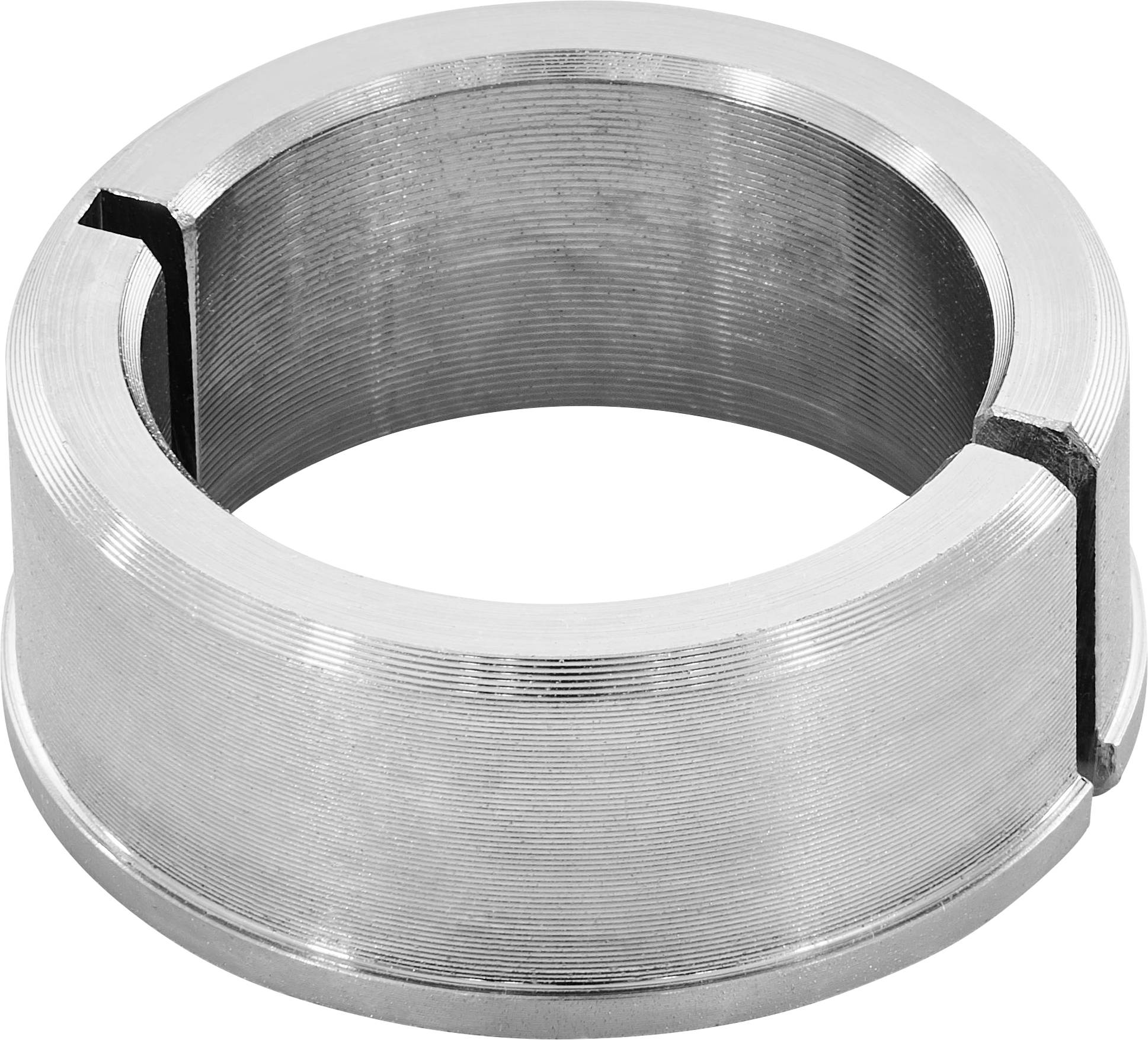 A metallic cylindrical clamp with a split opening and a textured surface, typically used for securing objects.