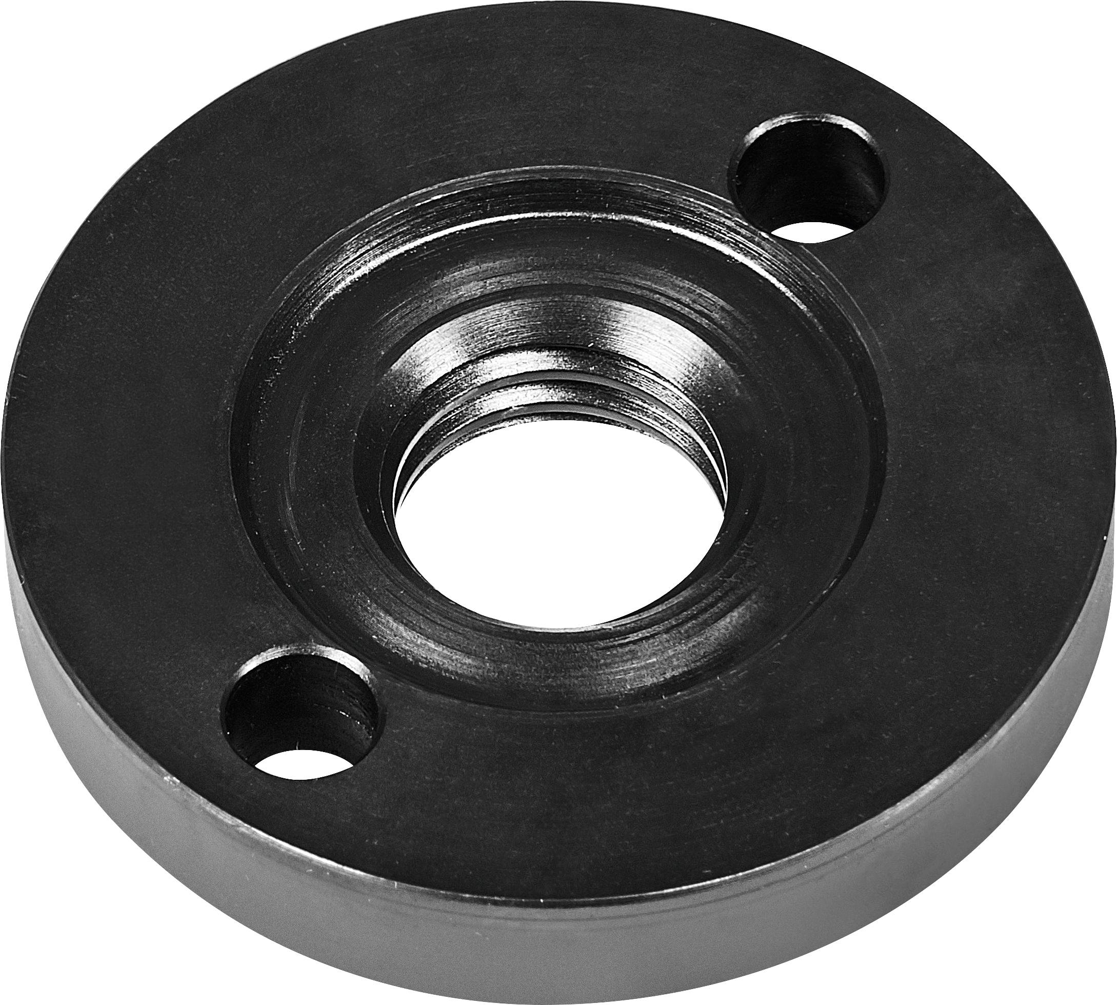 A round, black metal flange with three holes; two smaller on the edge and one large in the center, used for securing pipes or machinery.