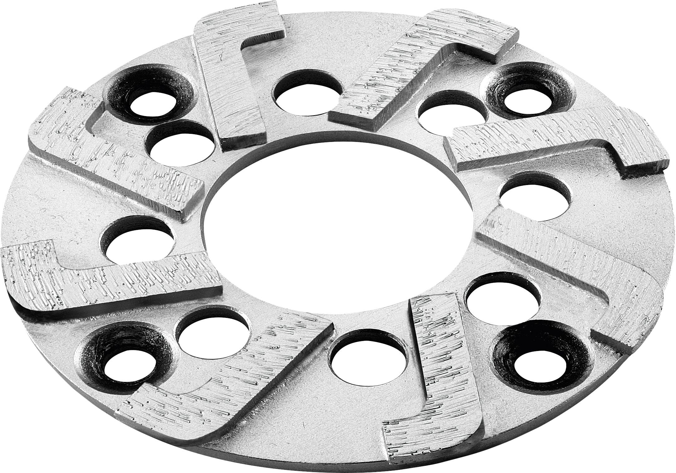 A metal round disc with eight holes and grooves on the edge arranged symmetrically, used in mechanical or industrial applications.