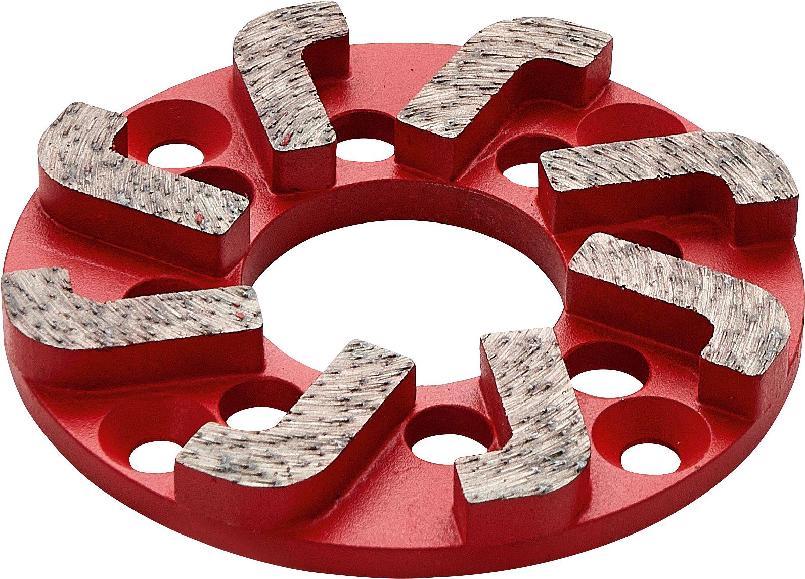 A red grinding wheel with six metal diamond segments attached, featuring circular holes for attachment; used for surface preparation.