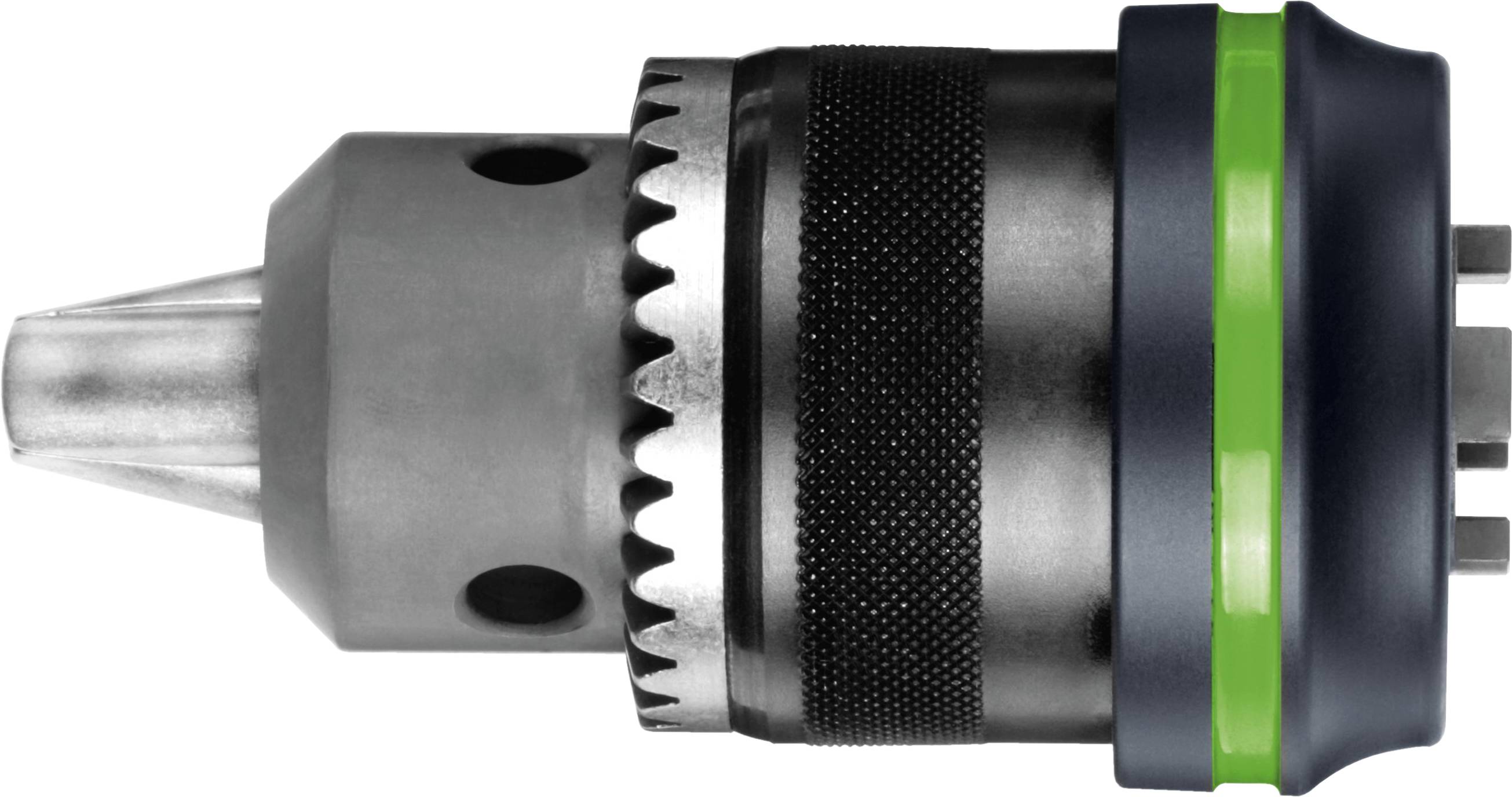 A close-up of a metal drill chuck with a textured grip and green accent band, designed to hold drill bits securely.