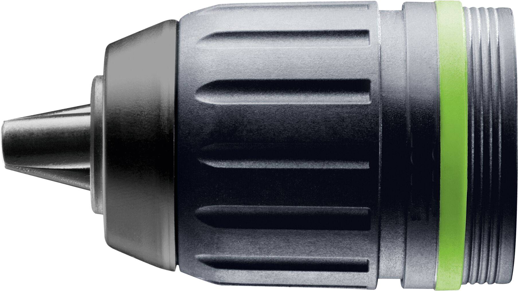 A close-up of a black and metallic tool component with a green ring, resembling a drill chuck.