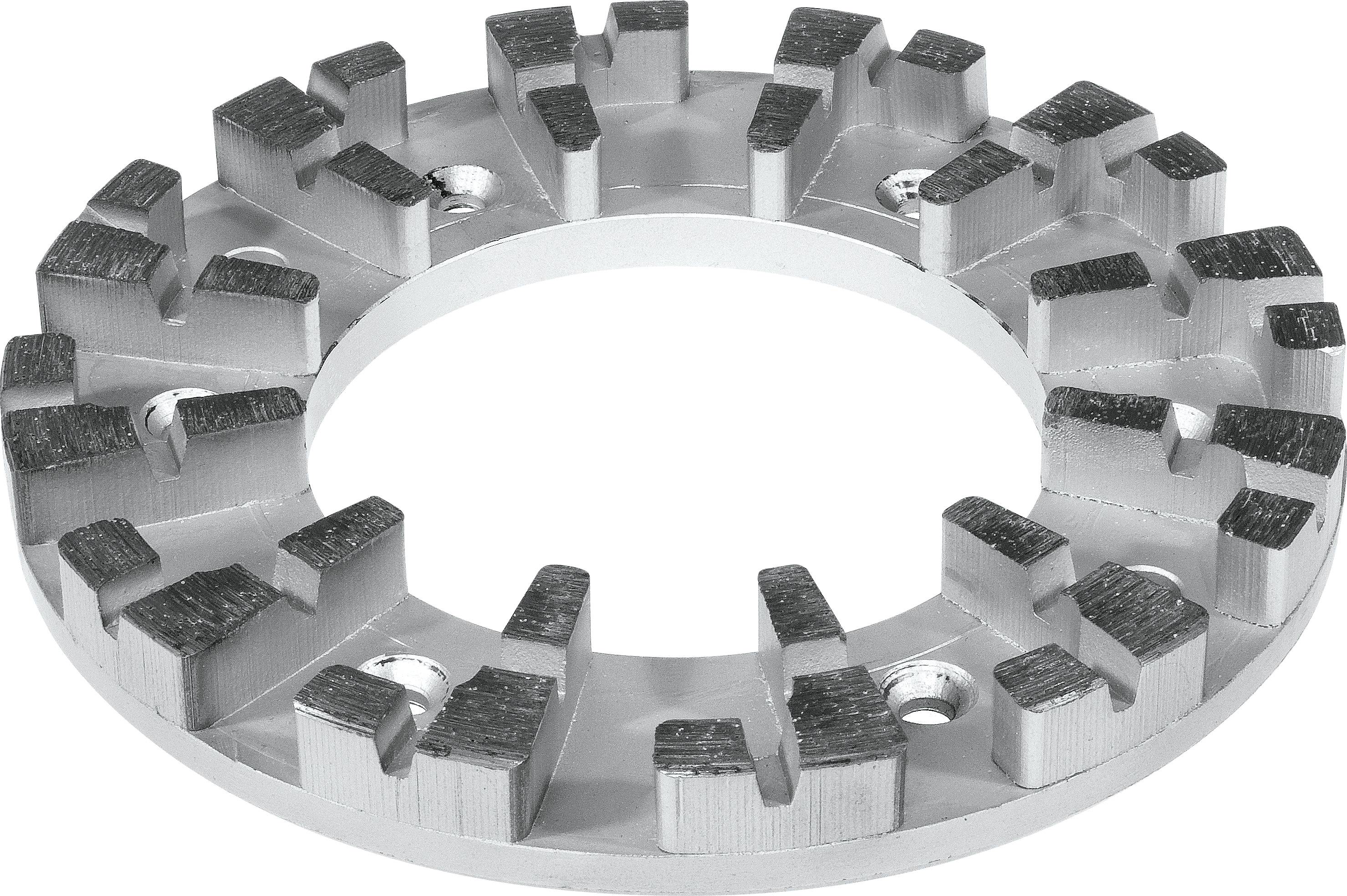 A circular cutting tool with alternating teeth and slots for grinding or shaping materials, featuring a metallic finish and serrated edges.
