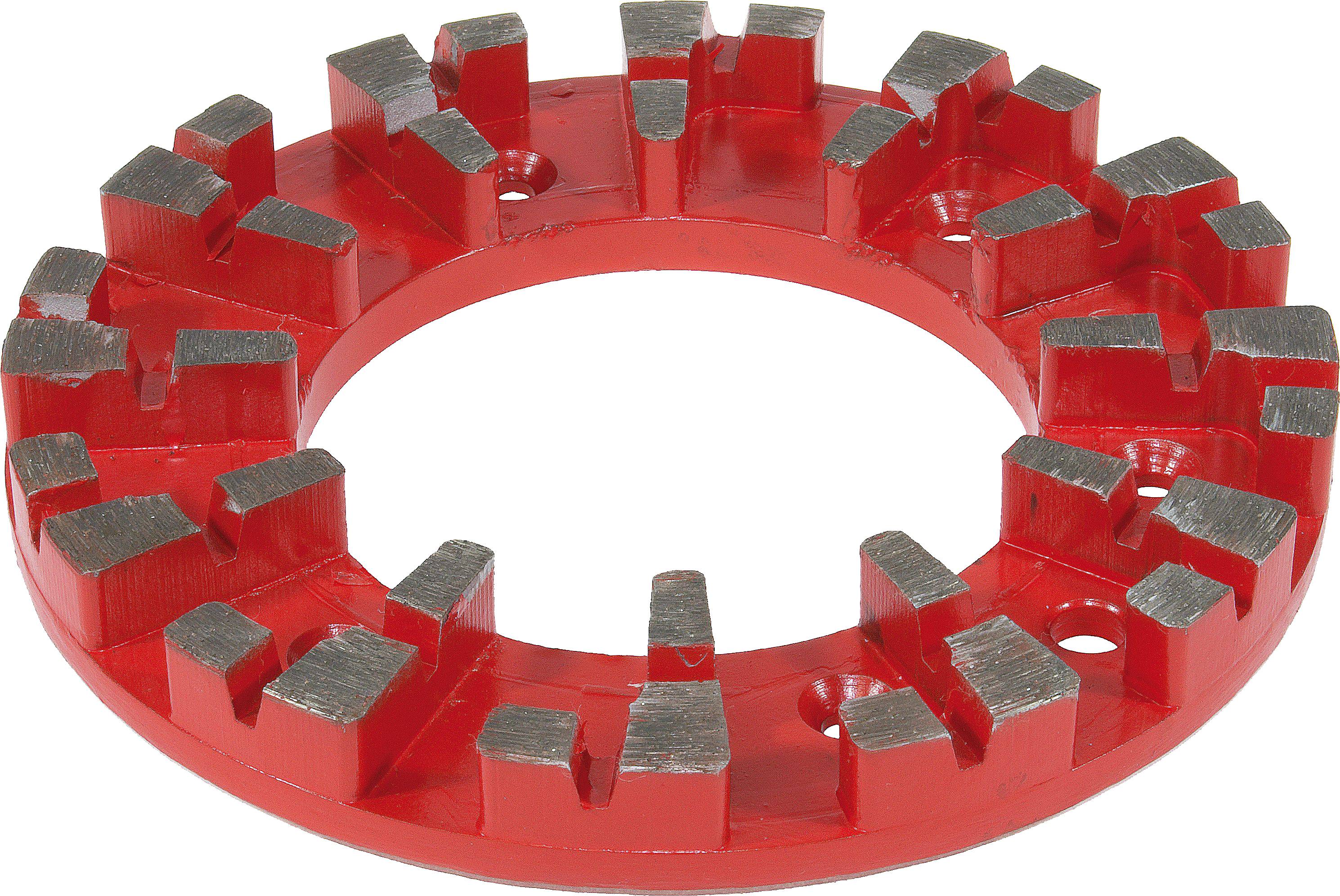A red metal cam coupling ring with multiple sprocket-like teeth, used to connect mechanical components.