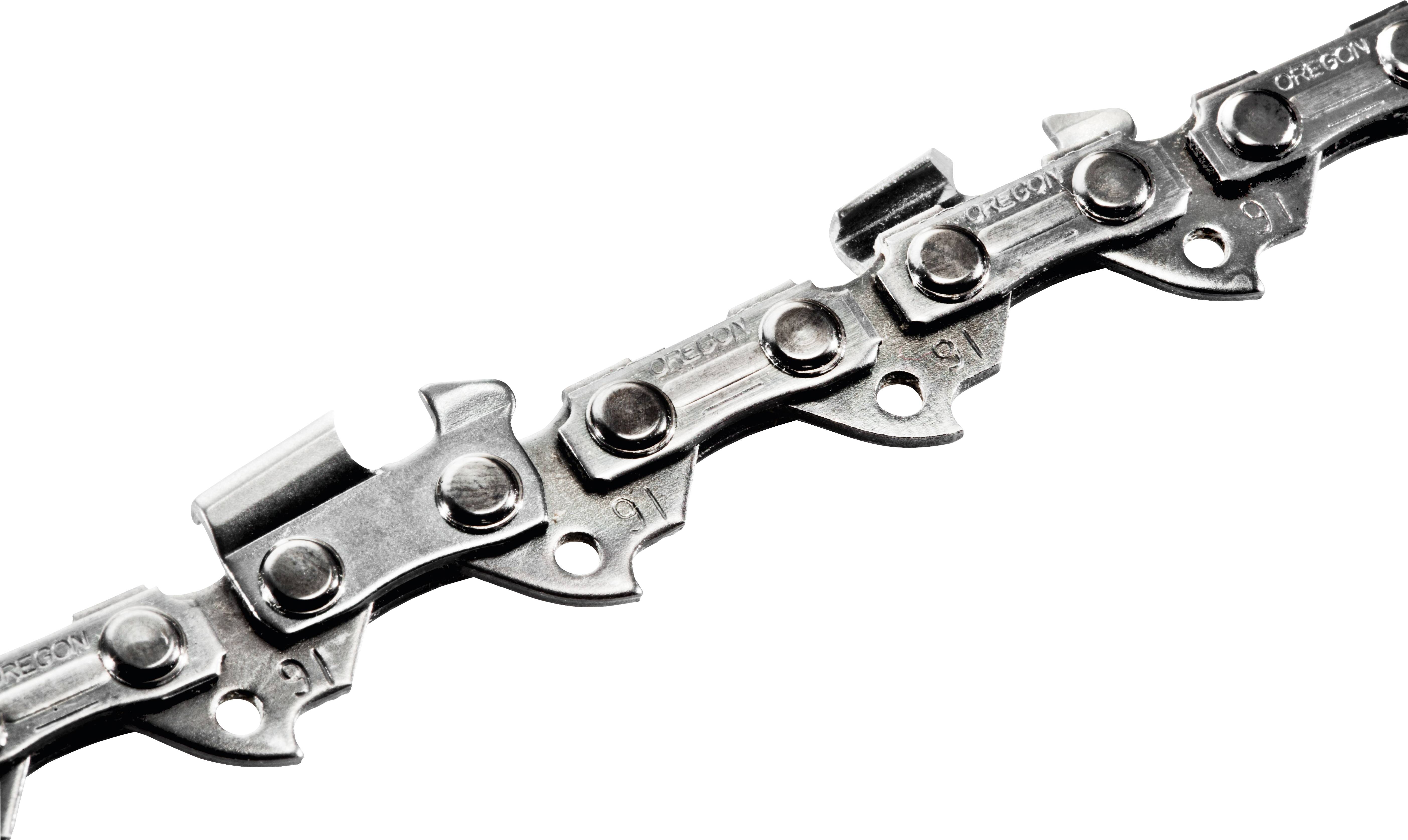 Close-up of a chainsaw chain showing metal links and sharp teeth.
