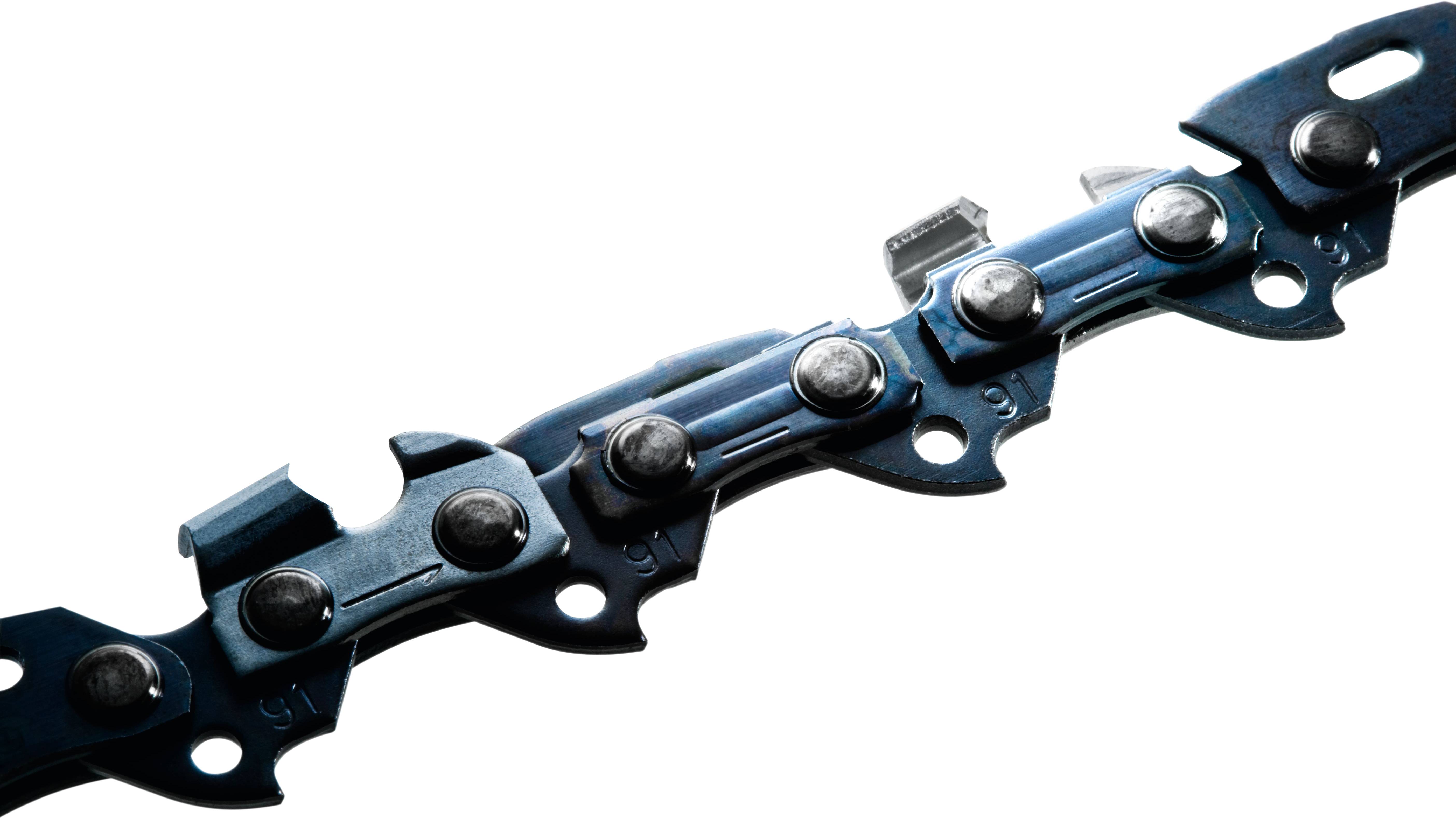 Close-up of a metal chainsaw blade showing teeth and rivets against a white background.