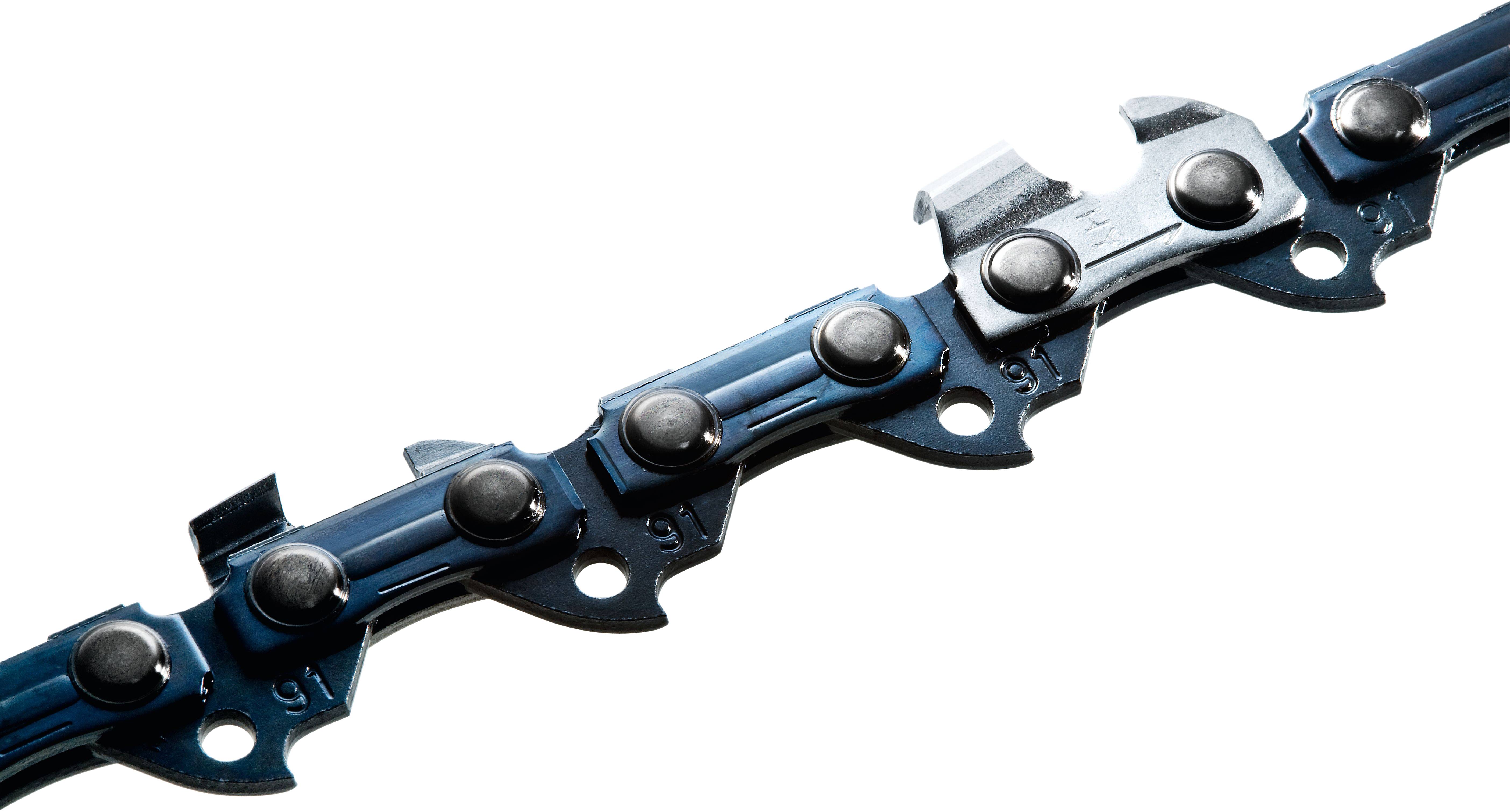 Close-up image of a chainsaw chain with sharp cutting teeth and connecting links, highlighting the sharpness and structure of the chain.