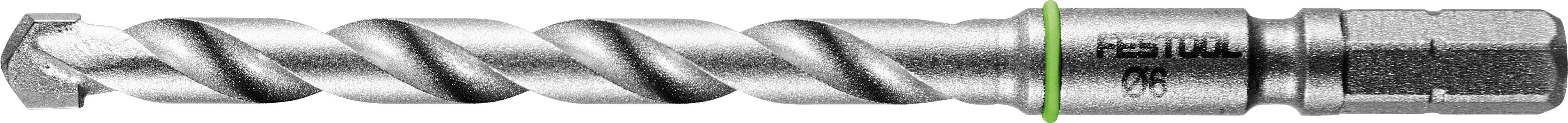 A close-up of a metal drill bit with a spiral groove design, featuring a green ring near the base, marked with 'FESTOOL.'