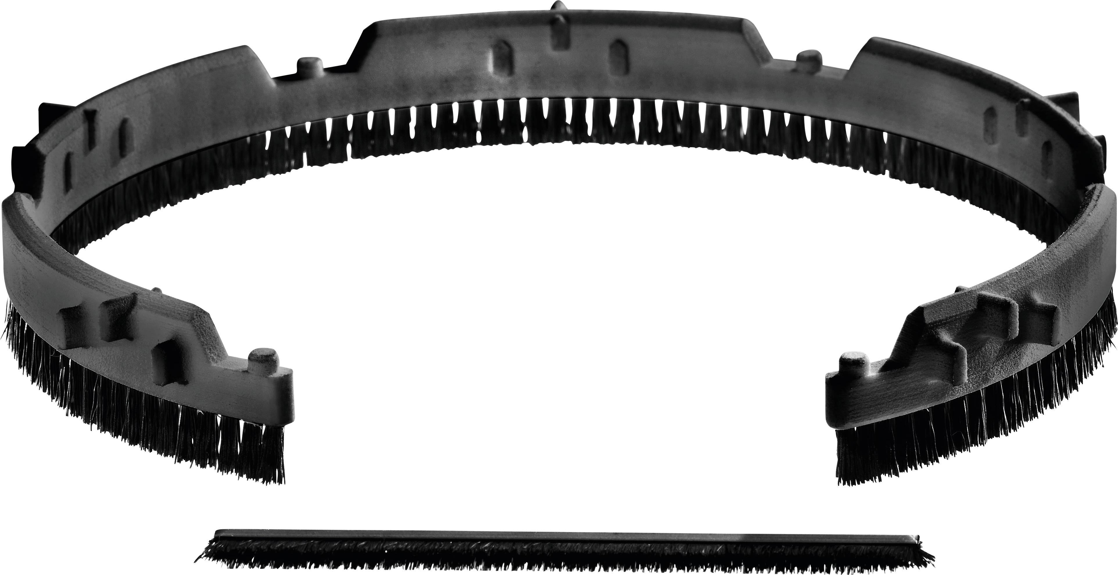 Circular track cleaning brush with separate straight brush piece, used for maintaining cleanliness in various applications.
