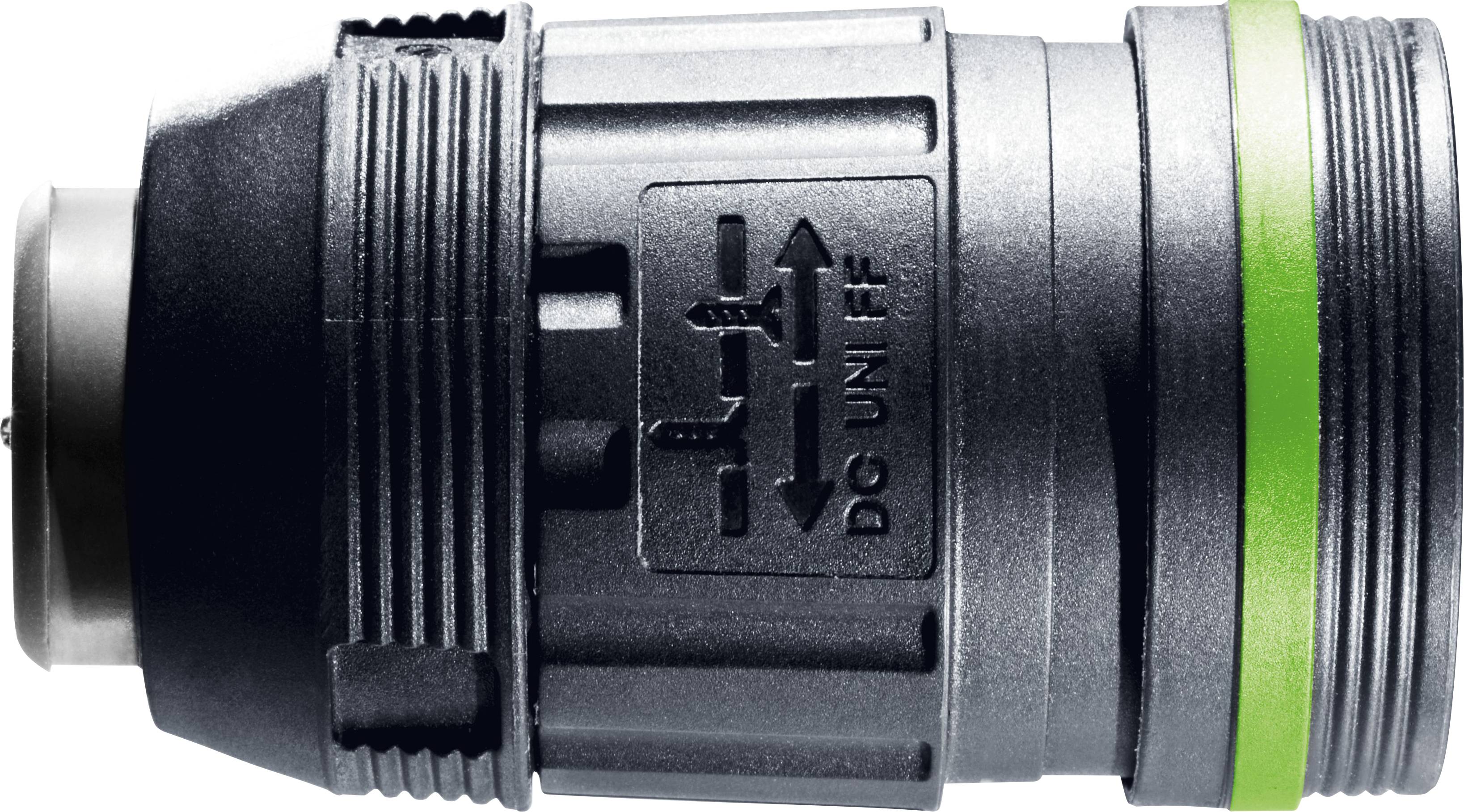 A close-up of a cylindrical industrial connector with a locking mechanism, featuring labeled arrows for connection and a green accent ring.