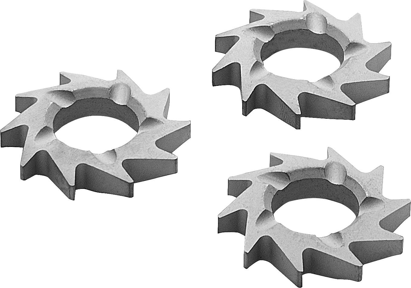 Three jagged-edge, metal cutting tools arranged in an angled pattern.