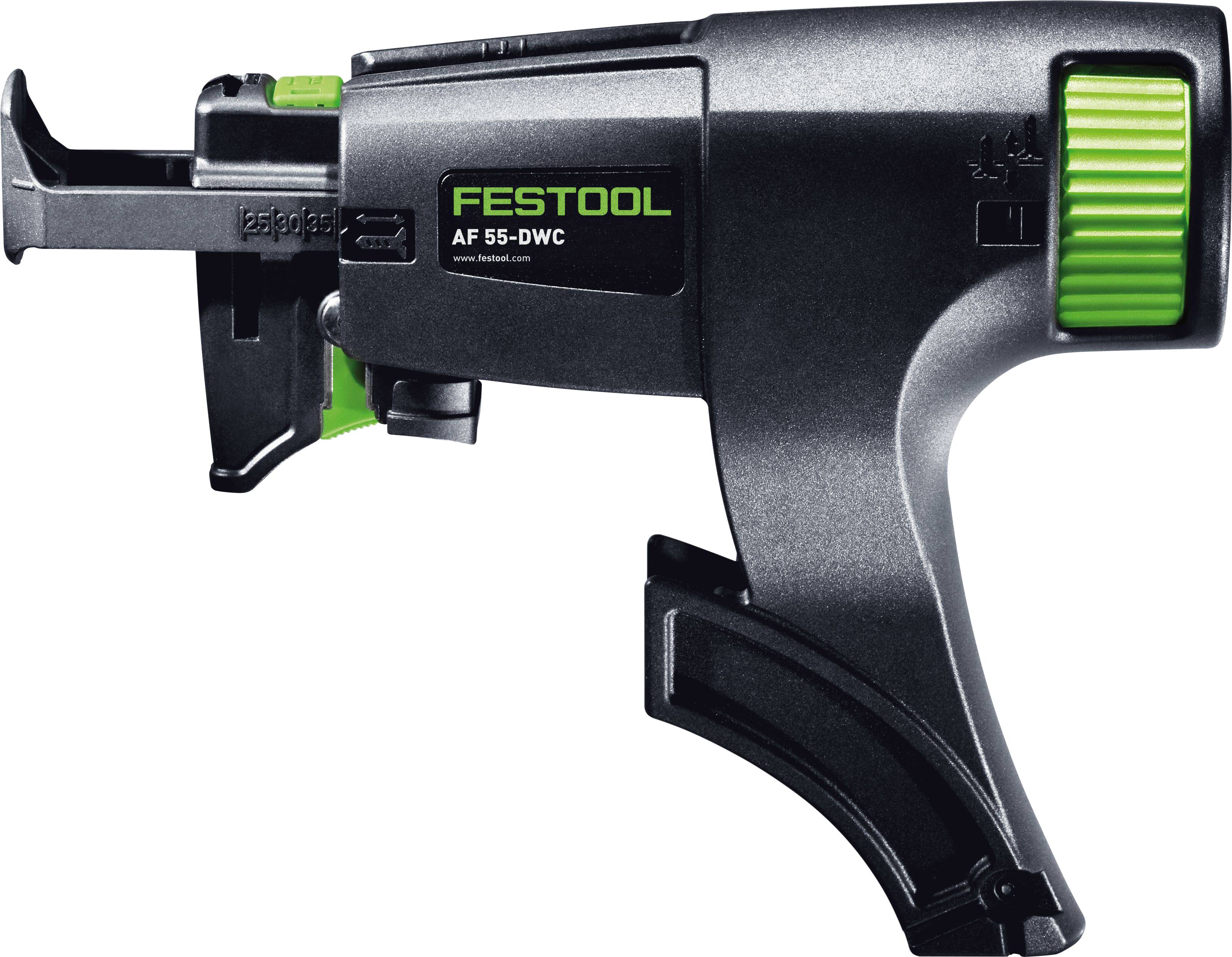 A black and green Festool AF 55-DWC tool with a grip handle, lever, and flat nozzle, designed for precise fastening applications.