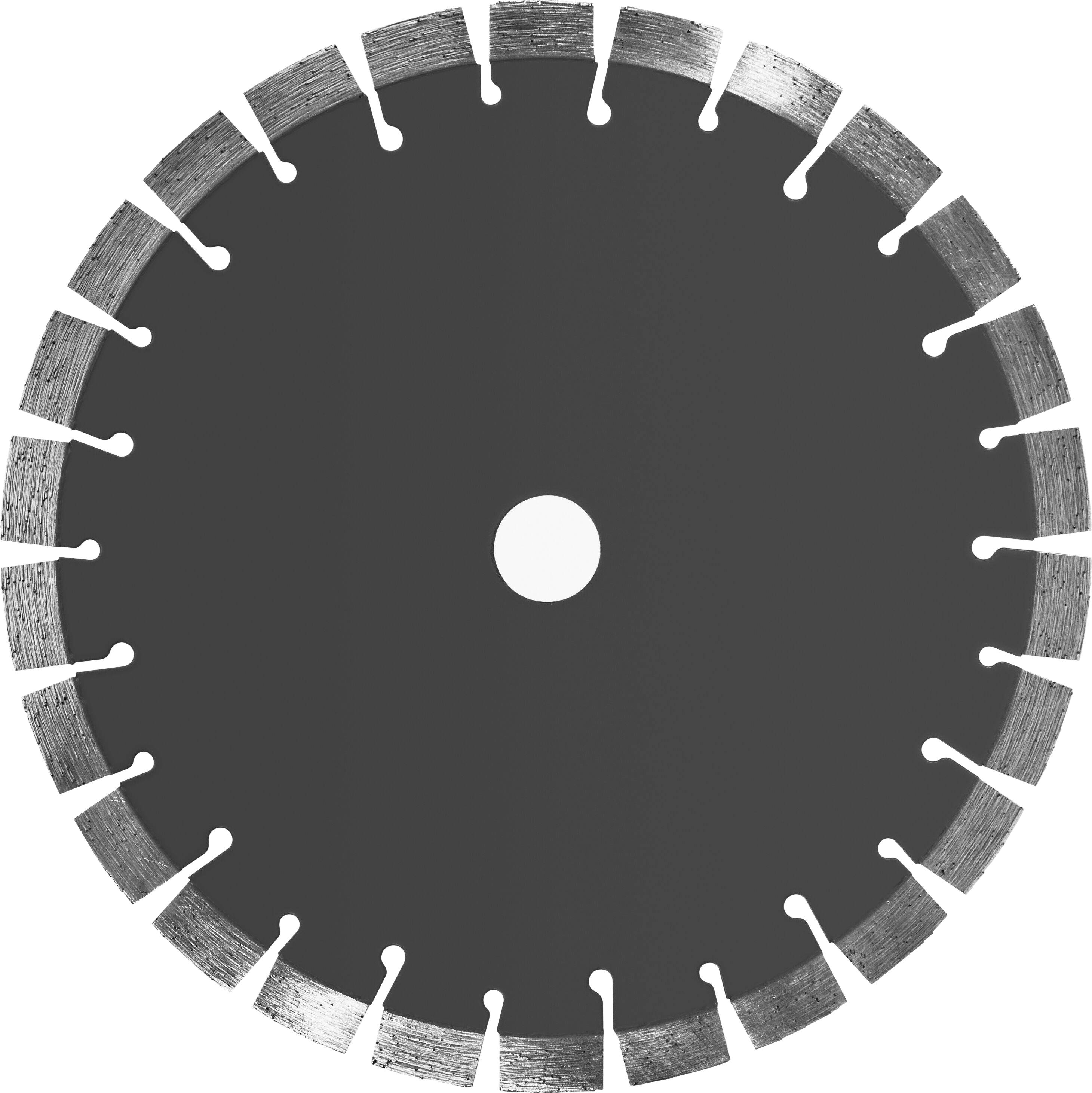 A circular saw blade with segmented edges for cutting hard materials; features a series of notches along the rim to help with cooling.