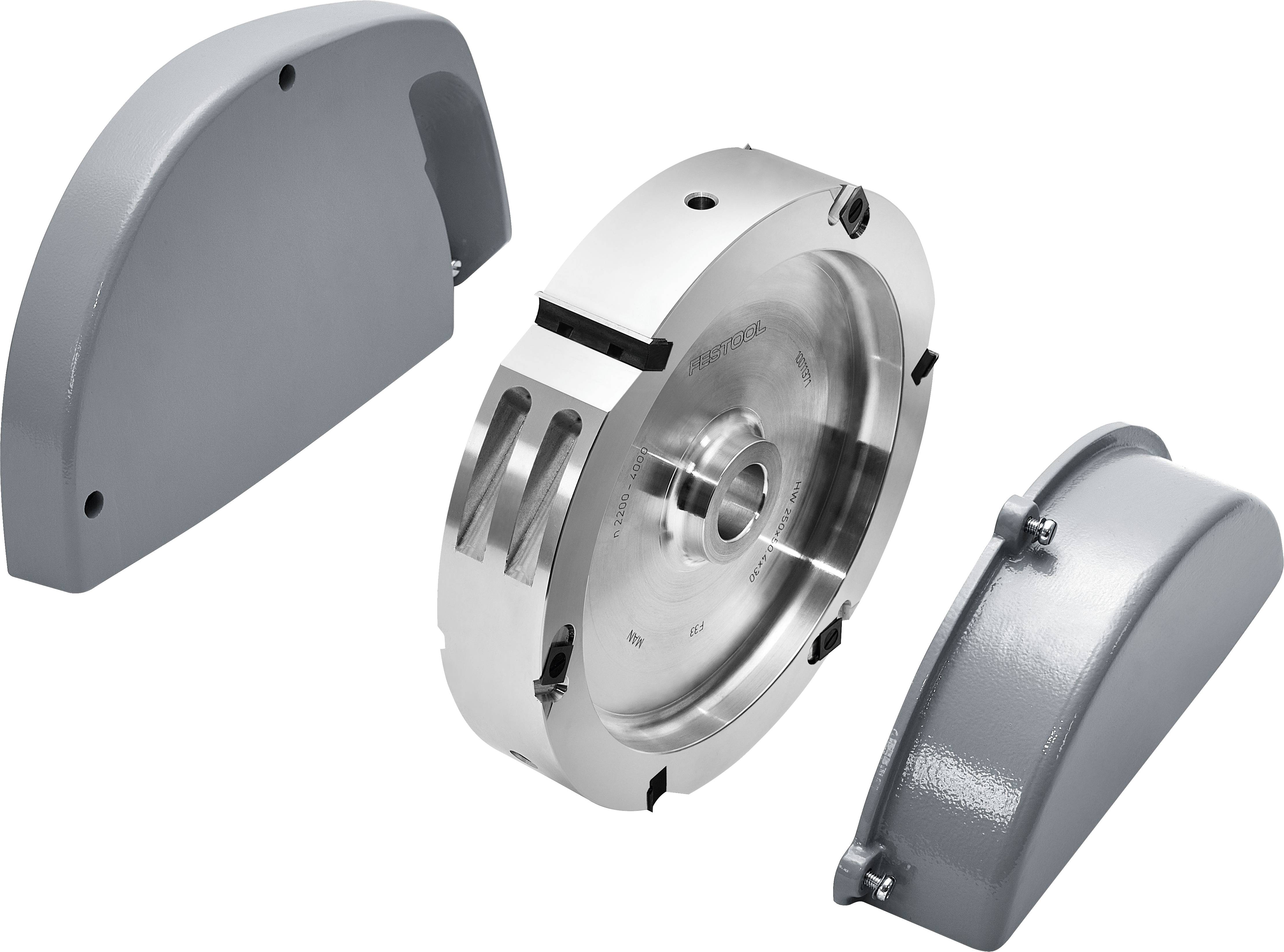 Industrial metal disc with machined grooves, flanked by two matching curved gray covers. Appears to be a component of machinery.