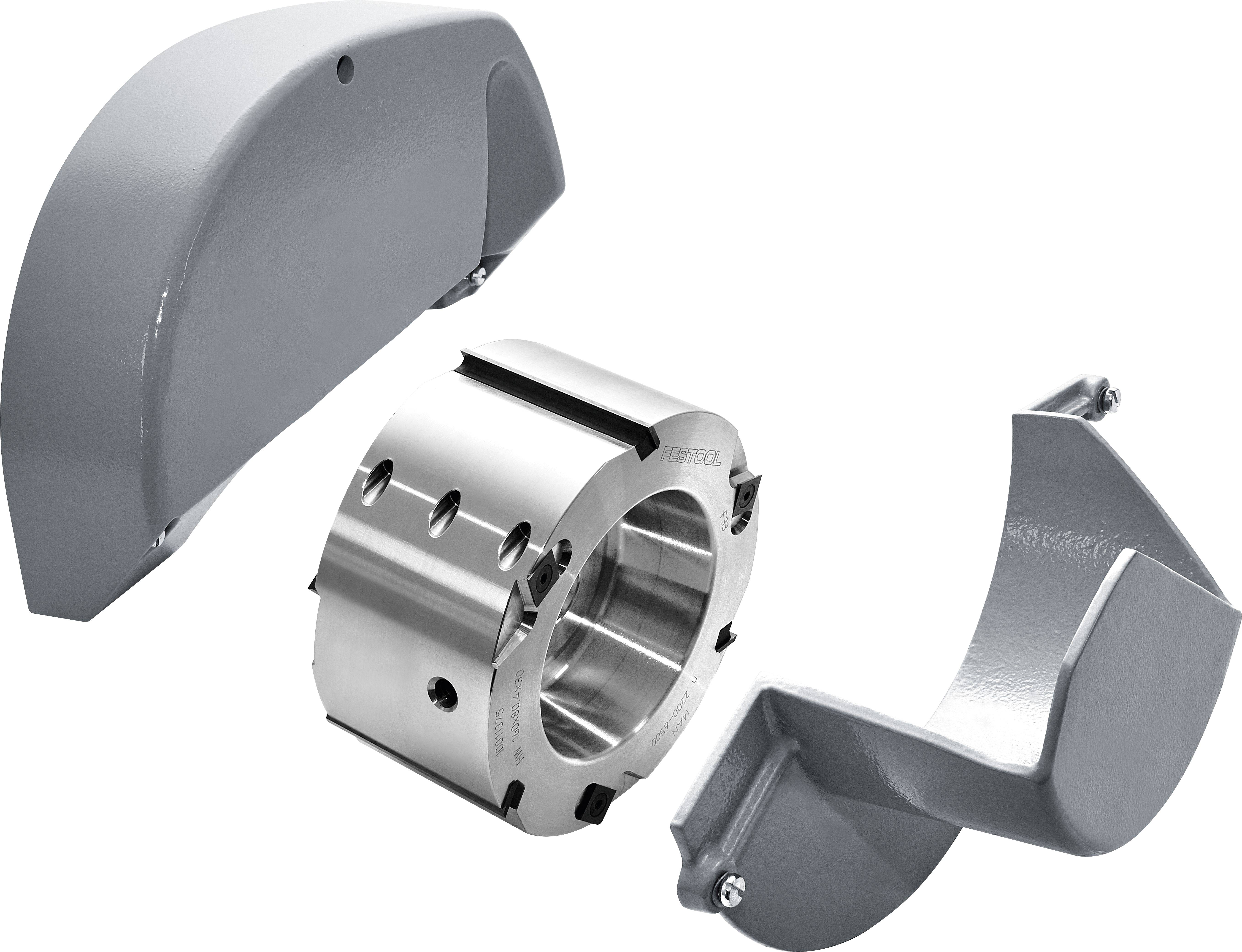 Three gray mechanical parts with smooth surfaces, including a cylindrical component with grooves and two curved pieces designed to fit together.