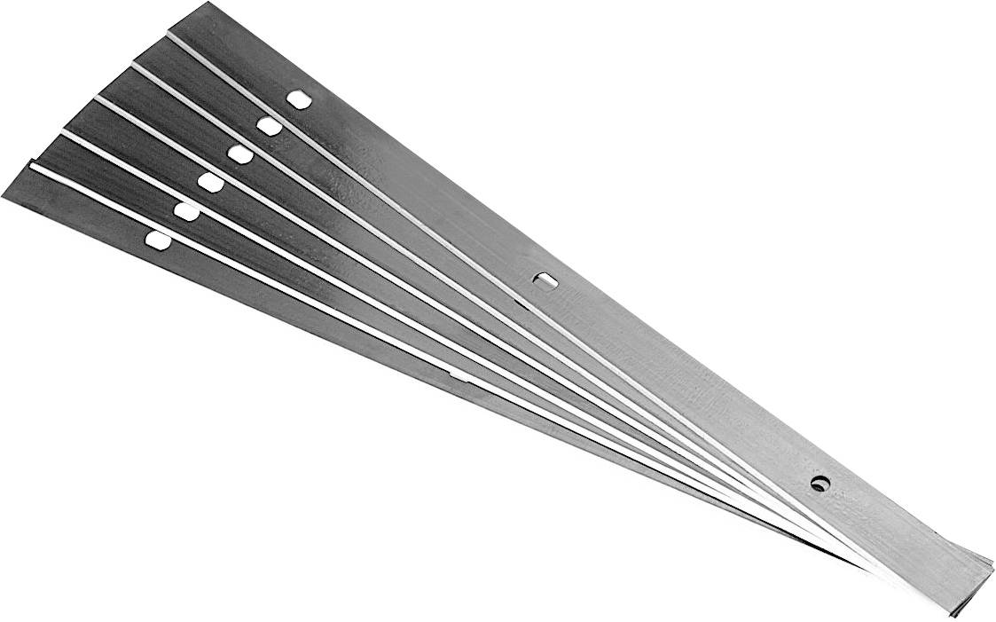 A set of metal feeler gauges with varying thicknesses, used for measuring gaps or clearances in mechanical applications.