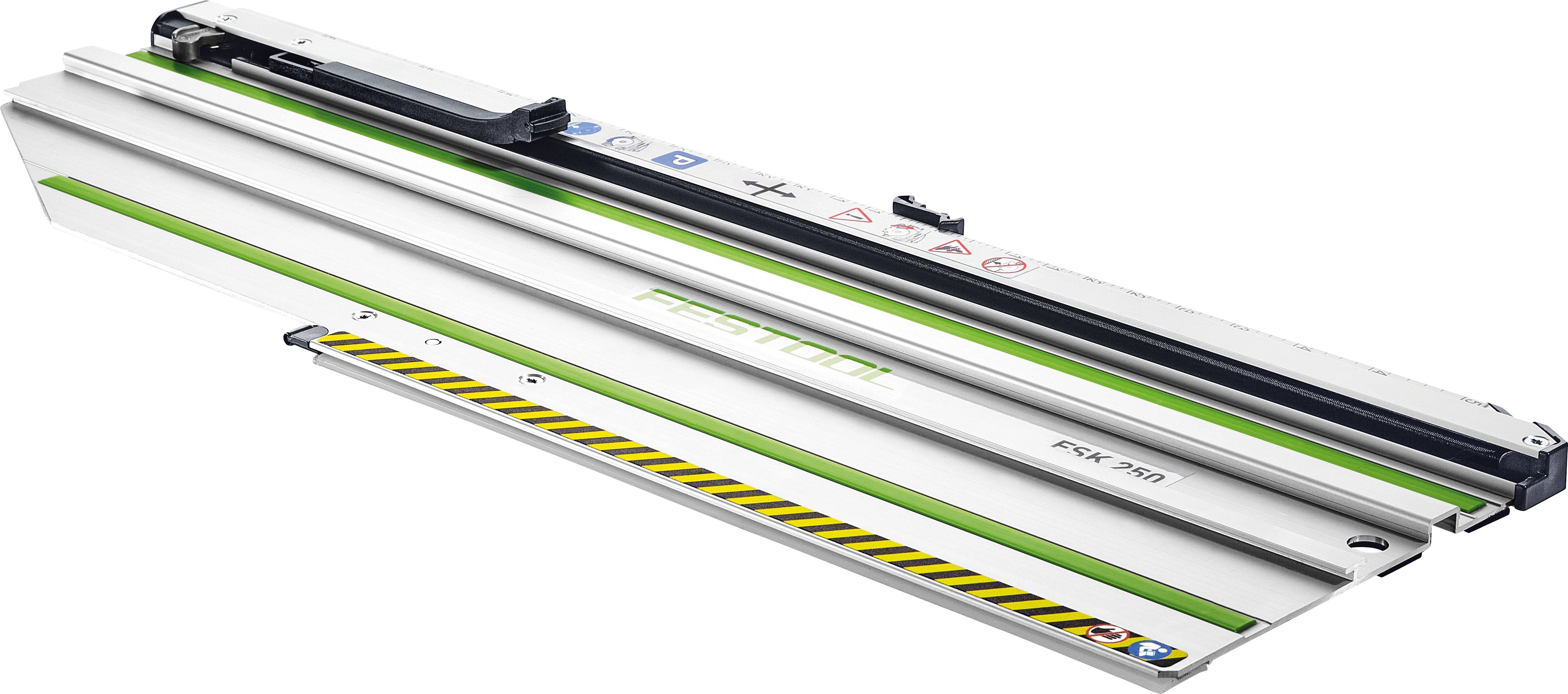 A Festool FS-KS Guide Rail with stop, used for precise wood cutting, featuring safety and instructional symbols on the surface.