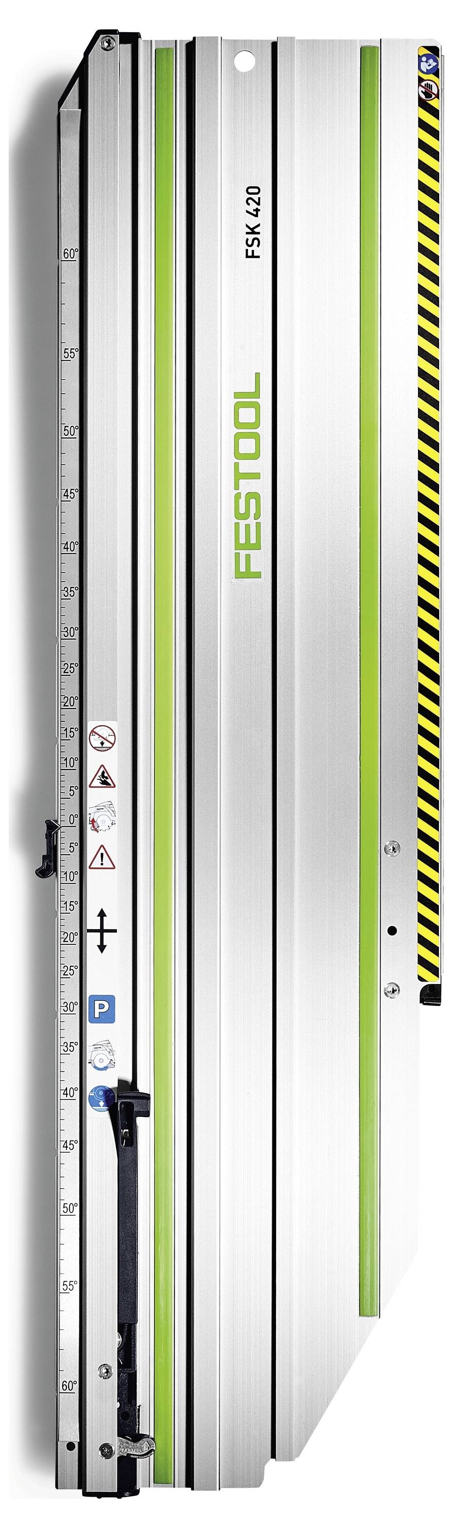 A Festool FS-KP guide rail with measurement markings and green accents, designed for precise cutting guidance, shown vertically.