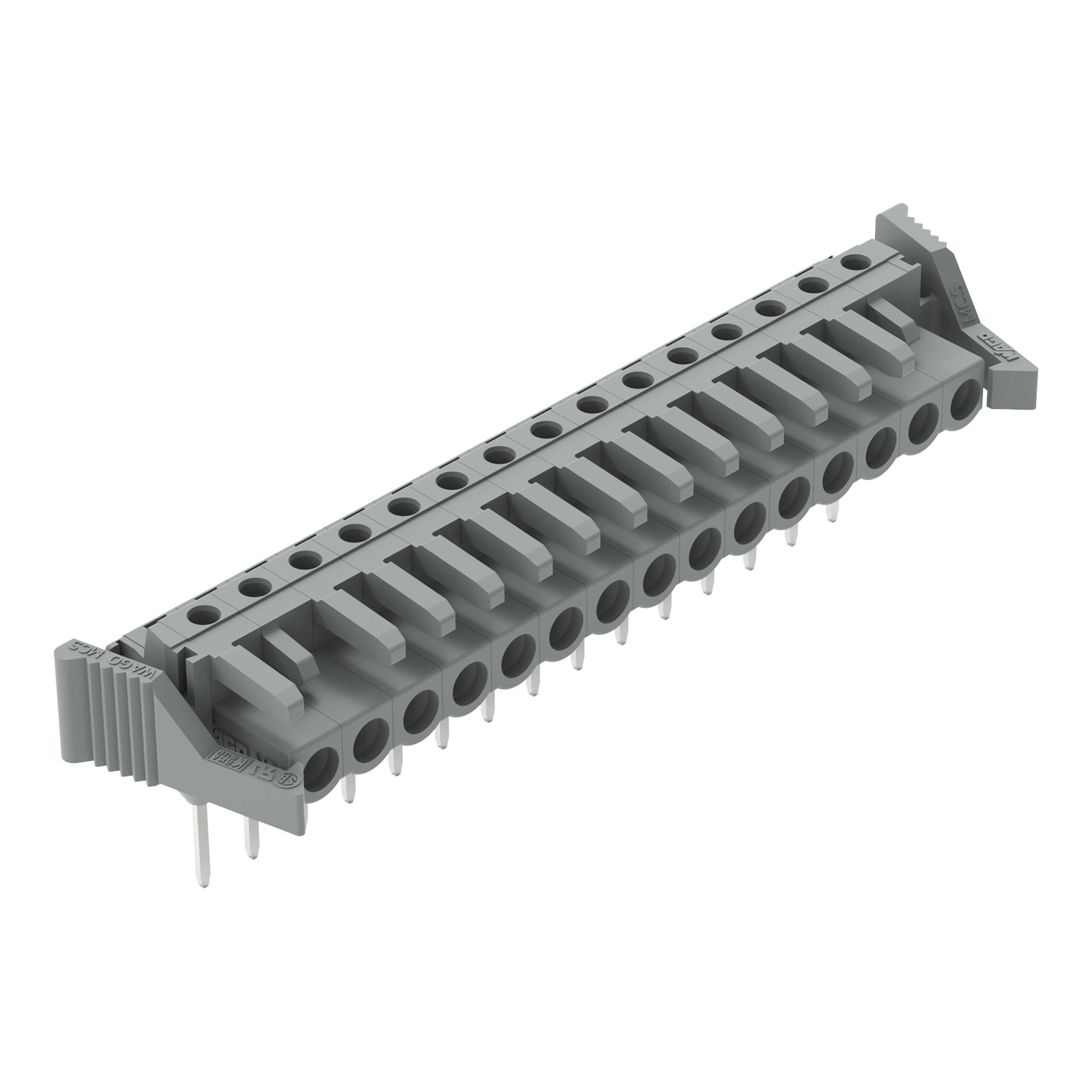 A gray terminal block with multiple pin connections, used for securing electrical wires. It features several openings and protruding pins.