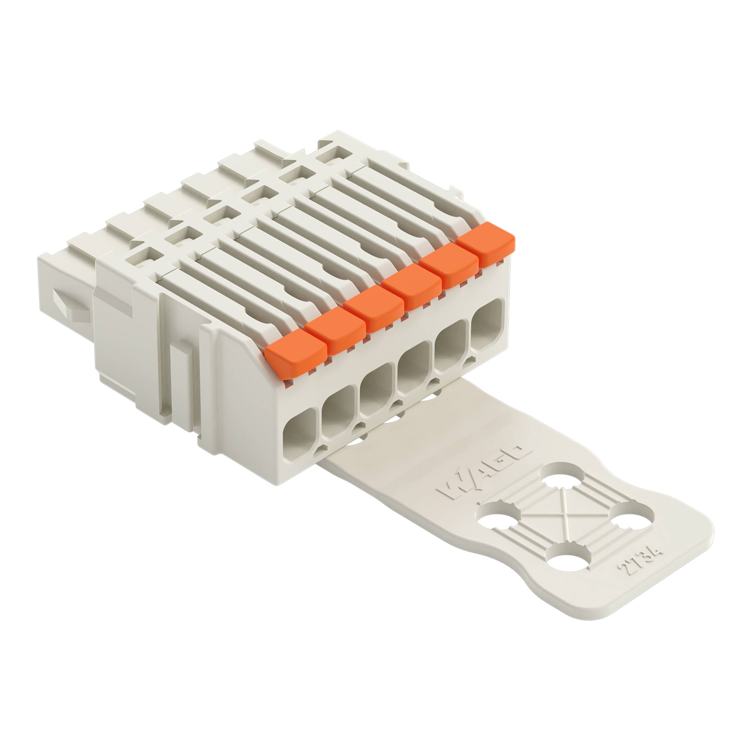 A white plastic electrical connector with orange latches, featuring multiple slots for wiring connections.