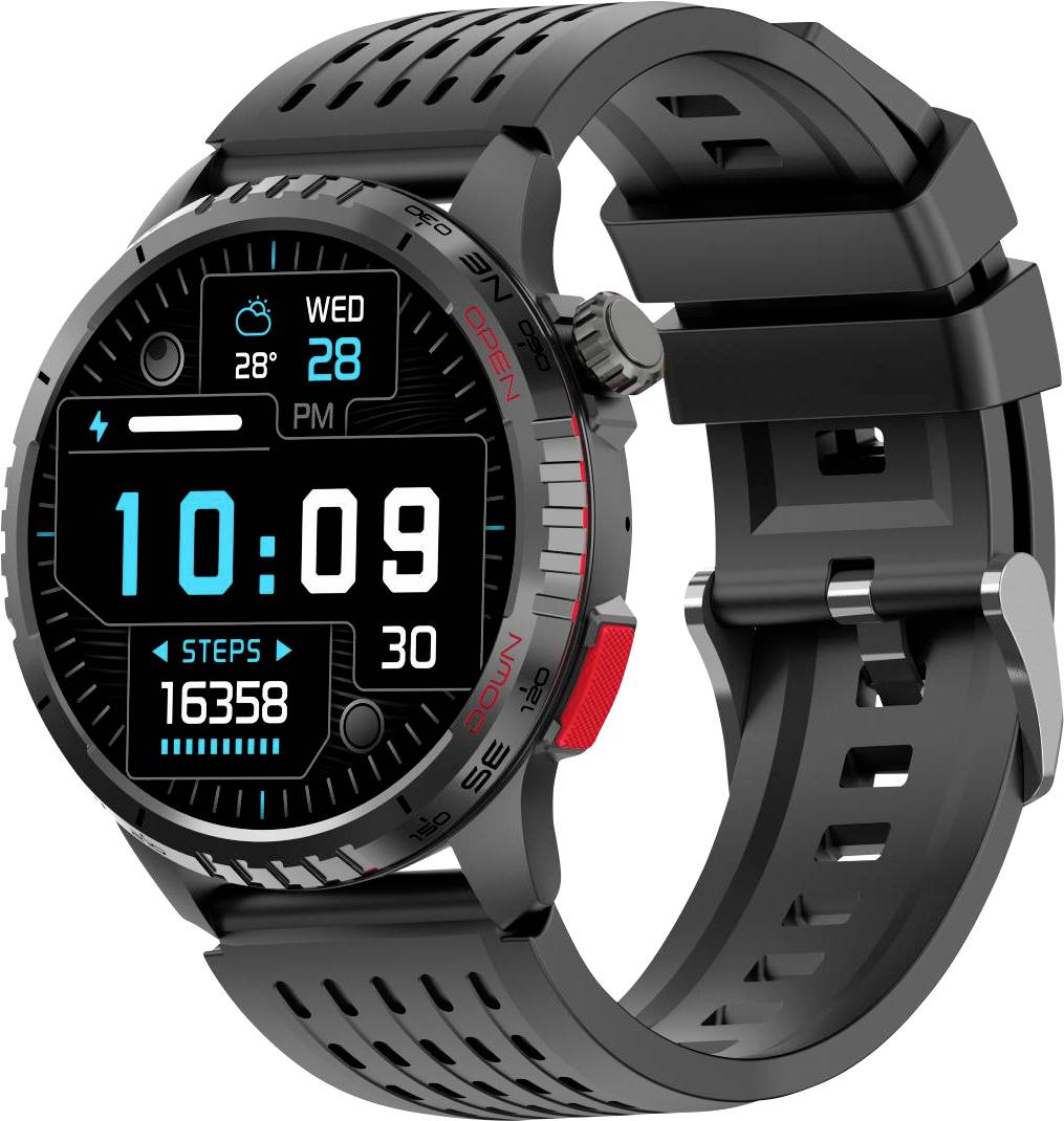 A black smartwatch displaying the time as 10:09, date as Wednesday, 28th, weather icon for cloudy, temperature 28°C, and 16,358 steps.